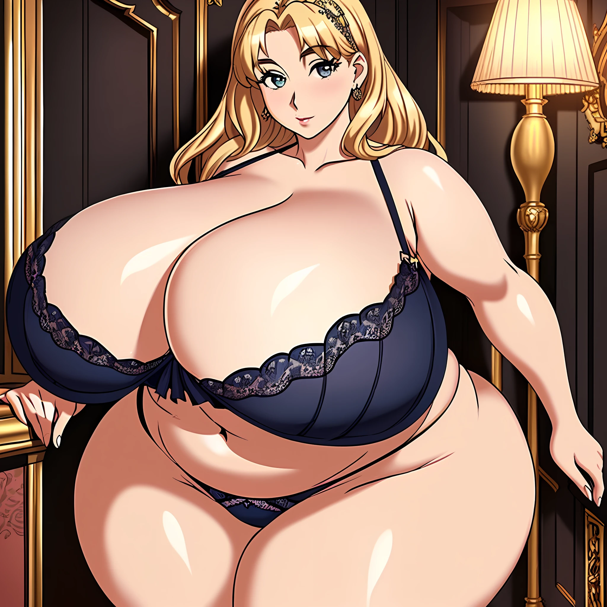 An exquisitely detailed CG artwork that showcases a seductive milf. She is depicted wearing only her overly tight bra and panties. Her curves are extraordinarily massive and so gigantic she has trouble moving. She has (((massive oversized hyper breasts))). The frame centers on her beautiful and vibrant panties that accentuate her (ridiculously massive thick thighs), ((unbelievably huge curvaceous hips)), and ((extremely huge voluptuous butt)). Her bra and panties are much too small to fit her gargantuan curves, and her oversized boobs and butt bulge out of them like crazy. With the highest quality and exquisite detail, this piece is an absolute masterpiece. Massive breasts