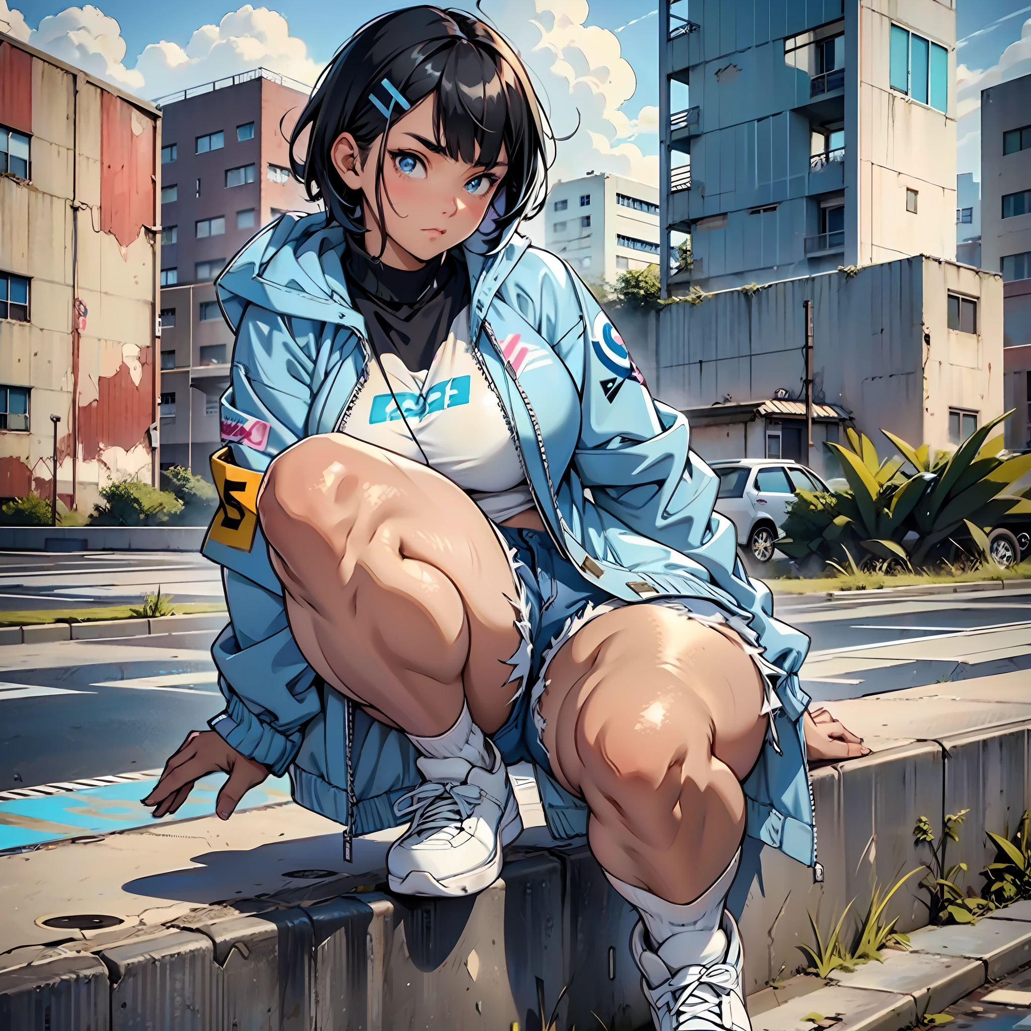 Kawaii ager, curvy body, girl with thick thighs, thick legs, big breasts, white windbreaker, glued jean shorts, dark blue sneakers, light black hair, short hair, hair clip, bangs, blue colored eyes, gorgeous face, soft skin, abandoned warehouse scenery, fighting pose.