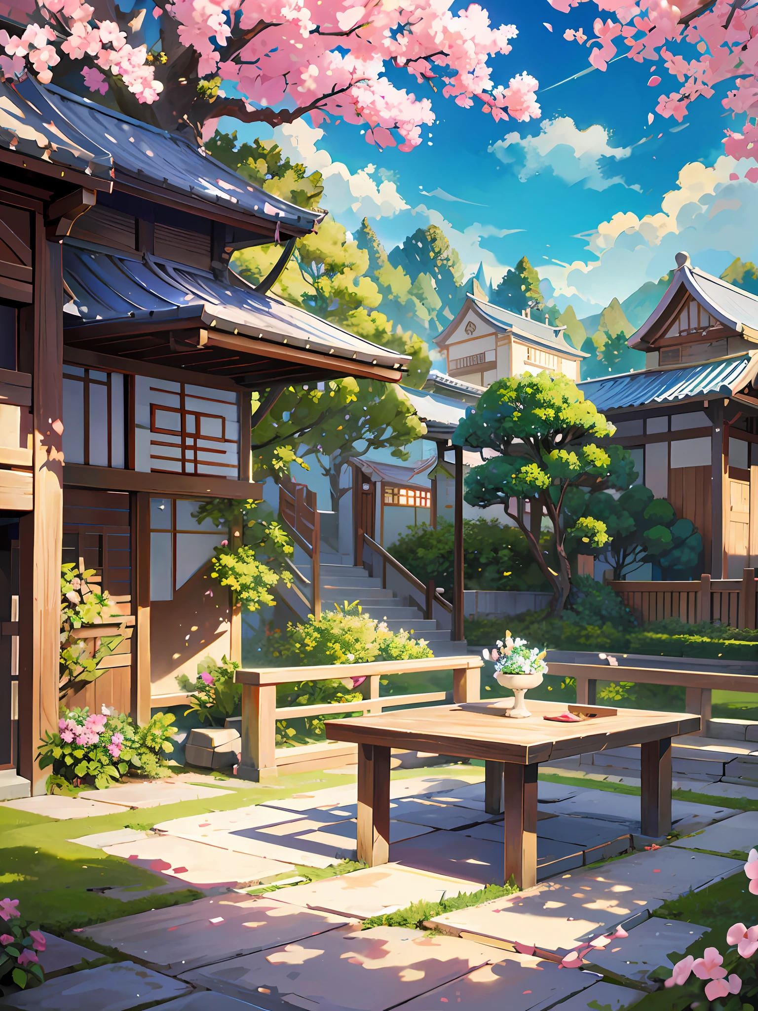 a painting of a courtyard with a table and chairs and a flowering tree, anime background art, japanese art style, beautiful anime scenery, dreamy chinese town, japanese village, a beautiful artwork illustration, scenery art detailed, scenery artwork, beautiful anime scene, anime scenery, 8k high quality detailed art, japanese neighborhood, anime scenery concept art, japanese town, anime beautiful peace scene