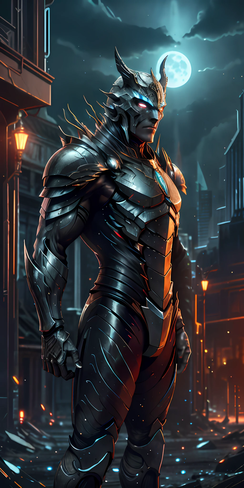 Flash wearing dark, futuristic armor stands imposing in a lost, haunted, abandoned city. Moonlight highlights your muscles and scars. The scenery is lush and mysterious, with dark city and surroundings. The camera details everything, a warrior woman, in front of him.