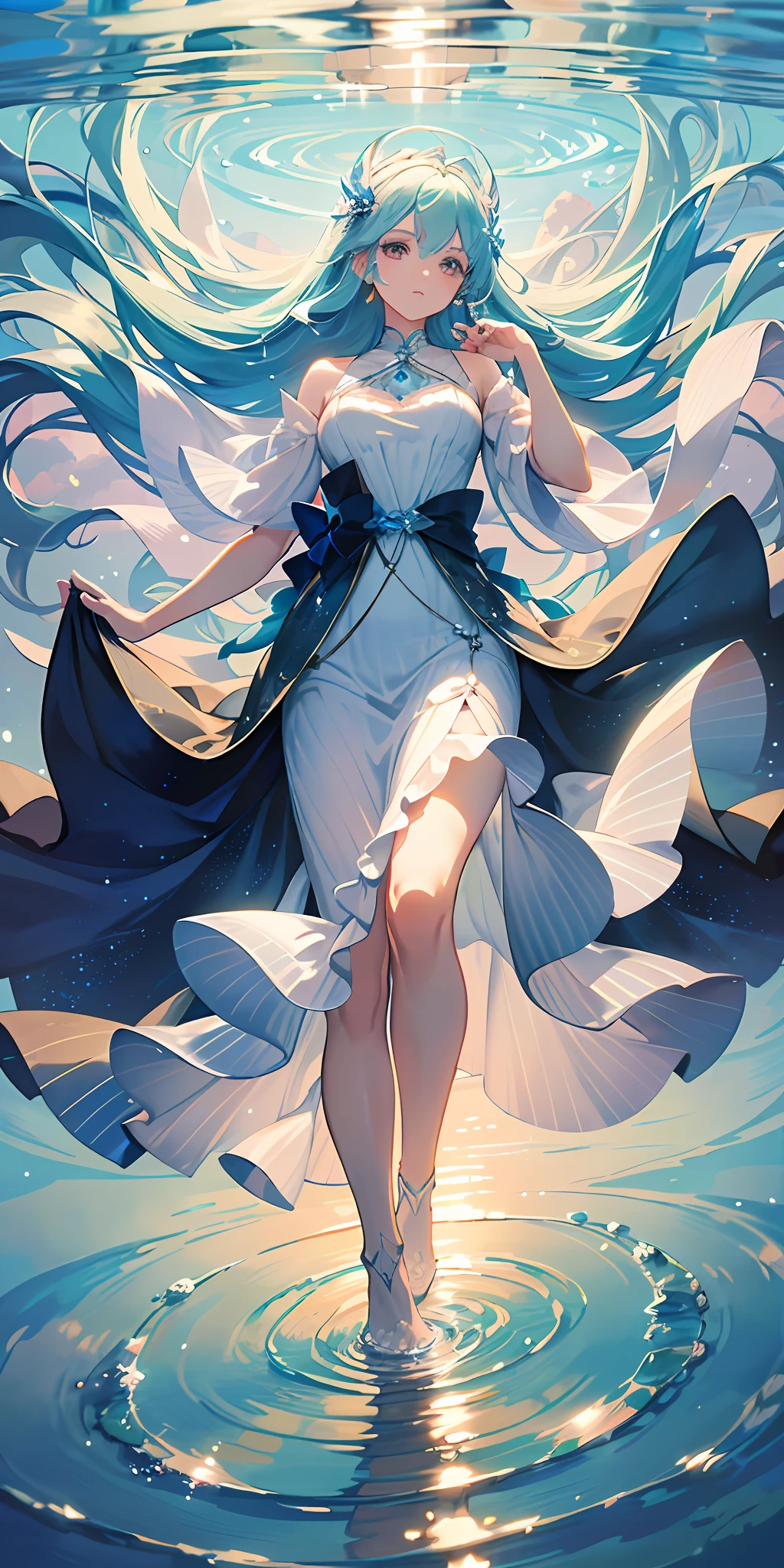 digital illustration, delicate details, a stunningly beautiful woman, flowing white and blue gilded vests, (descending from above), barely touching a vast mirror-like ocean with her toe, (delicate ripples in the water:1.2), floating, looking down, serene expression, godlike, natural lighting, vibrant prismatic colors, art by studio ghibli, back drop sunrise, stunning sky, gorgeous details, beautiful, stunning, fragile, crystal clear, well drawn, dynamic composition, anime style