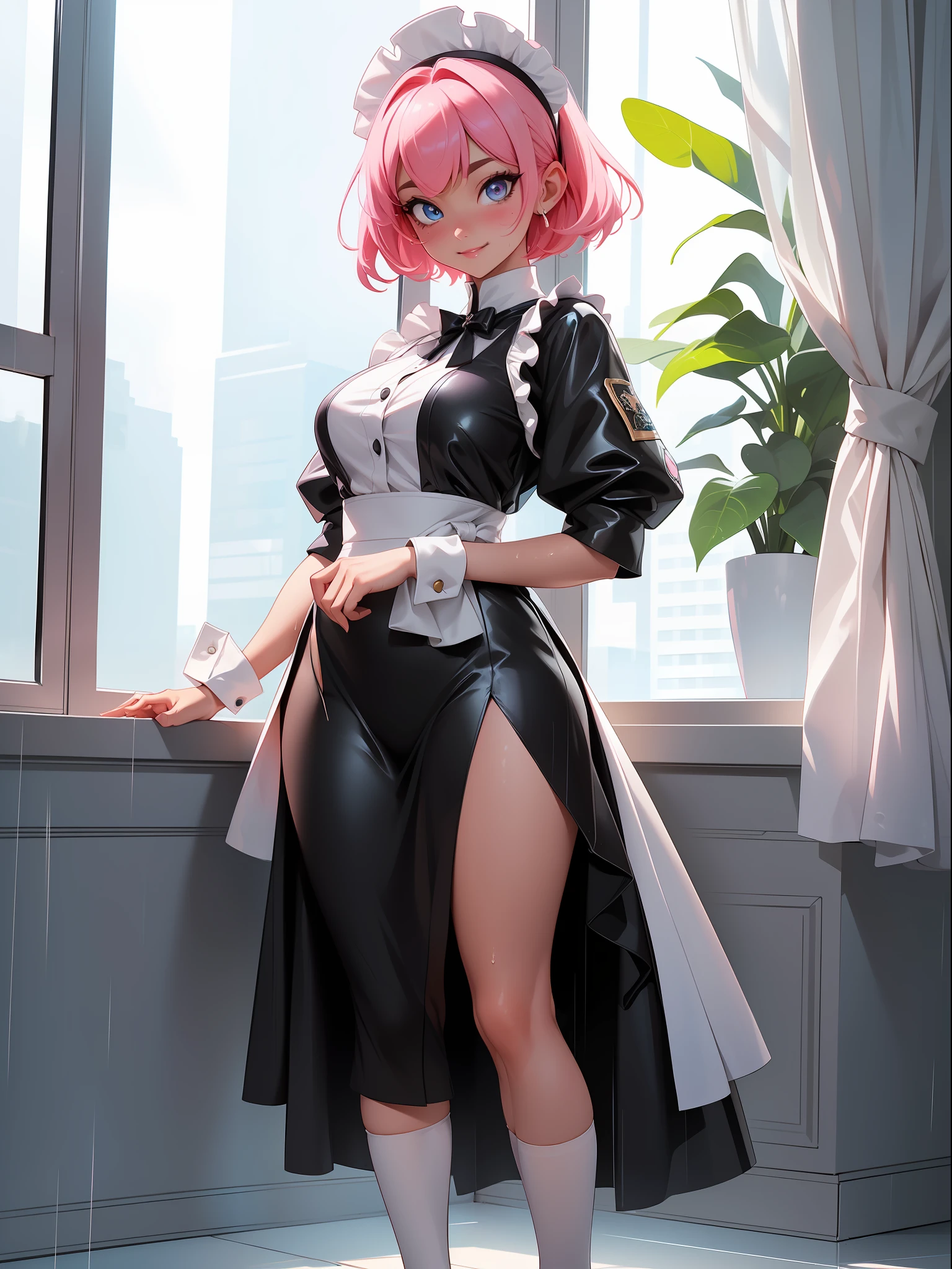 ((full body photo, feet on the ground, straight body)) {(Laura:woman, large breasts)}; {(black maid costume with white parts+white skirt+white sock with clips on pants+little clothing+extremely tight on body)}; she's in {(inside a hotel room in front of a window with heavy rain hitting the window+all wet; she's standing in front of the window)}, Her body and hair {are extremely sweaty+see-through costume}; she has {((very short pink hair and slick, eyes:blue, is smiling, looking at the viewer)}}; Anime style, masterpiece,, High detail, anime, 16k, UHD, retina, retina, ccurate, anatomically correct, textured skin, super detail, high quality, award-winning