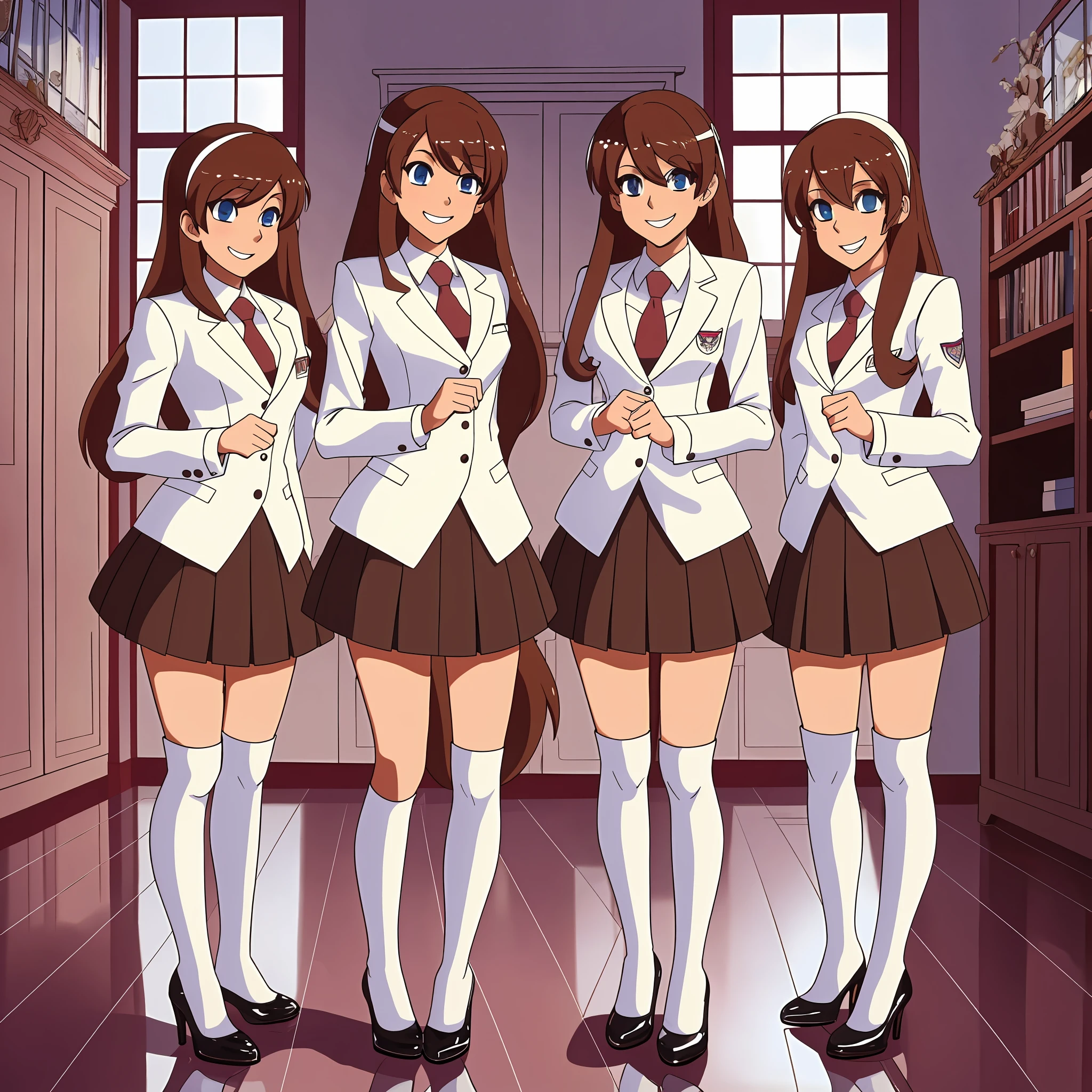 perfect anime illustration, 17 year old girls, medium breasts, multiple girls, thousands of girls, millions of girls, sisters, (blonde girls, brown haired girls), same aged sisters, rich girls, sexy schoolgirls, brown hair, blonde hair, curly hair, long hair, different hair colors, hazel eyes, smiling, white skin, school uniform, blazer, white thigh high socks, high heels, matching outfits, highres, bedroom, full body, neat rows of sisters, neat columns of sisters, sisters standing in formation, sisters in background