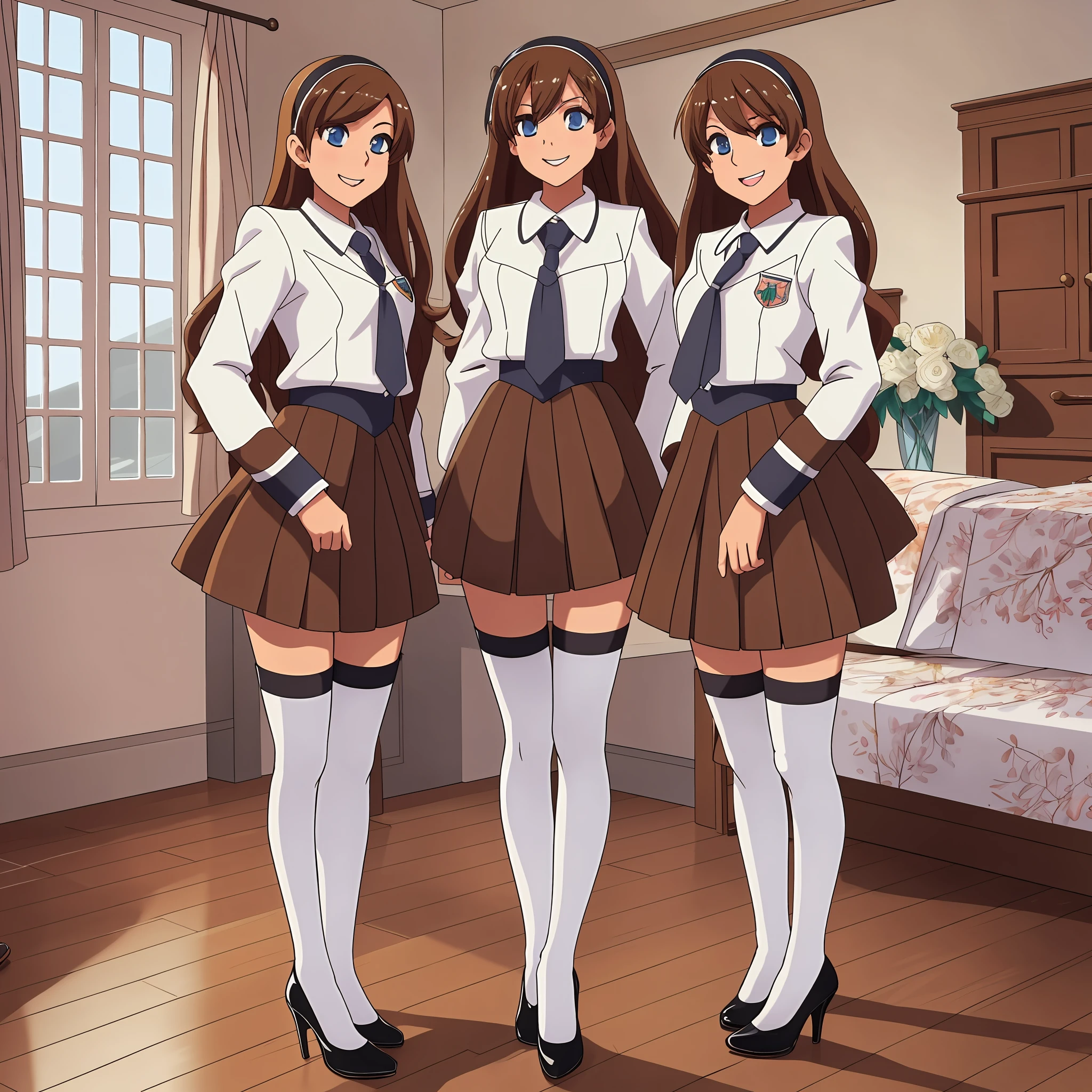 perfect anime illustration, 17 year old girls, medium breasts, multiple girls, thousands of girls, millions of girls, sisters, (blonde girls, brown haired girls), same aged sisters, rich girls, sexy schoolgirls, brown hair, blonde hair, curly hair, long hair, different hair colors, hazel eyes, smiling, white skin, school uniform, blazer, white thigh high socks, high heels, matching outfits, highres, bedroom, full body, neat rows of sisters, neat columns of sisters, sisters standing in formation, sisters in background