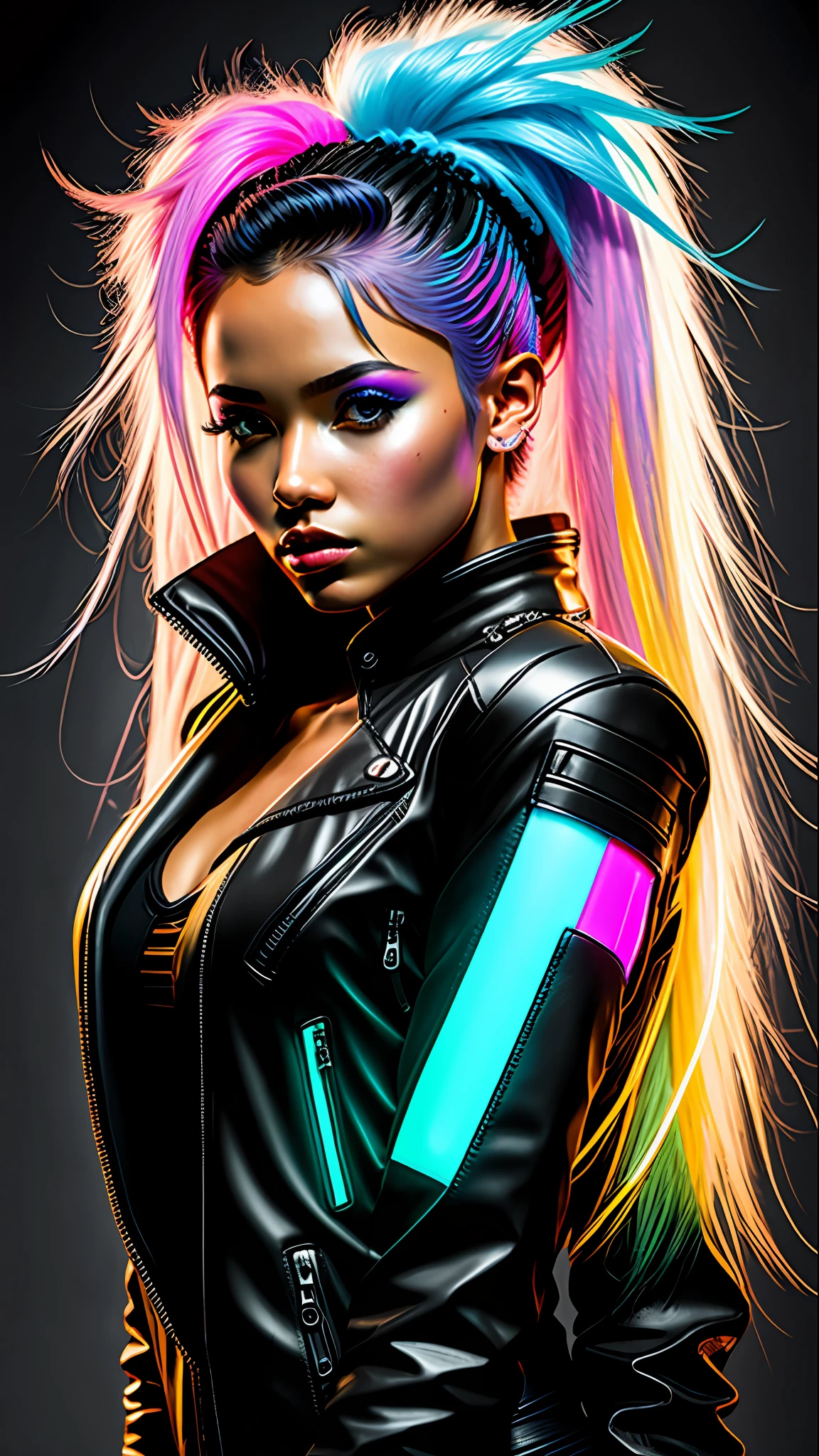 CyberpunkAI, neon, 1girl black, elf, neon hair, neon eyes, ponytail hairstyle, black leather jacket