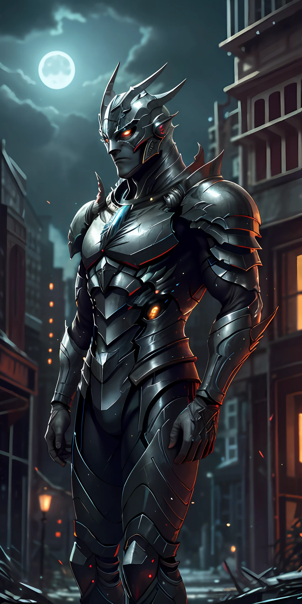Flash wearing armor in traditional and futuristic colors stands imposing in a lost, haunted, abandoned city. Moonlight highlights your muscles and scars. The scenery is lush and mysterious, with dark city and surroundings. The camera details everything, a warrior woman, in front of him.