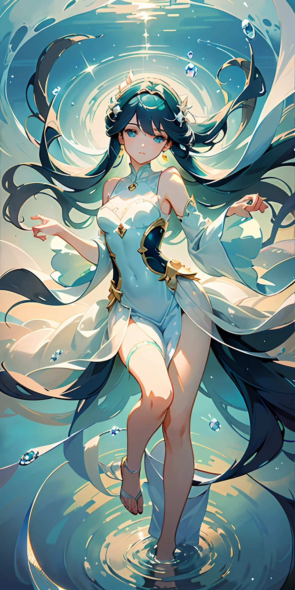 digital illustration, delicate details, a stunningly beautiful woman, flowing white and blue gilded vests, (descending from above:1.3), barely touching a vast mirror-like ocean with her toe, (delicate ripples in the water:1.2), floating, looking down, serene expression, godlike, natural lighting, vibrant prismatic colors, (art by studio ghibli:1.3), backdrop sunrise, stunning sky, gorgeous details, beautiful, stunning, fragile, crystal clear, well drawn, dynamic composition, anime style