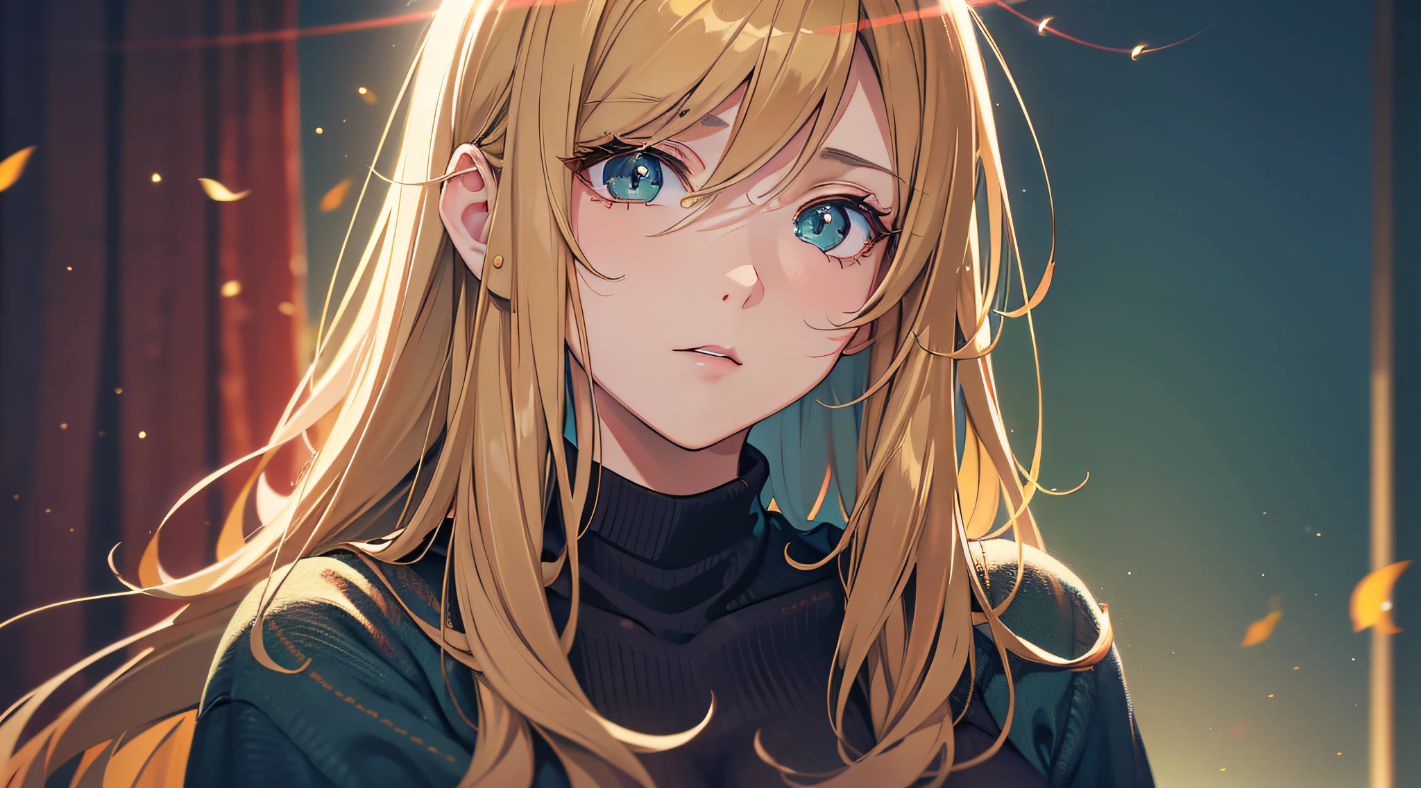 1woman, blonde and brown hair, medium hair, green eyes, multicolored eyes, expressionless, red sweater, warm colors, large dark blue pants, a white room in the background, yellow light, blurred background, warm colors, fireflies, flare lens, masterpiece, best quality, high quality, professional romance illustration, large breasts