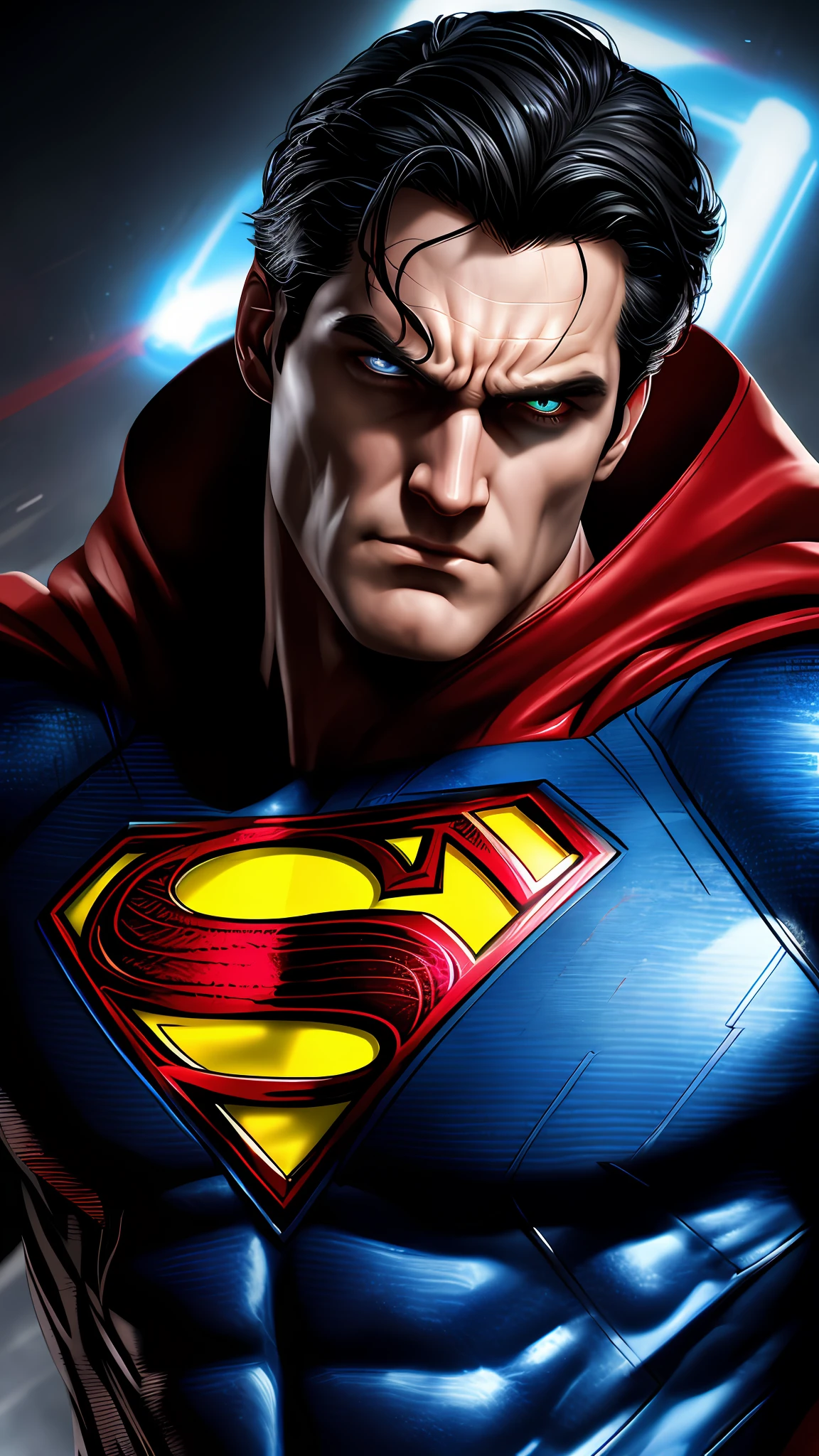 Dc Comics, portrait(close-up), Superman, face with angry expression, red neon eyes, hateful facial expressions, furrowed brow, realistically, dynamic lights, full footage, (extremely detailed 8k wallpaper of CG unit), trend in ArtStation, trend in CGSociety, high detail, sharp focus, dramatic, photorealistic