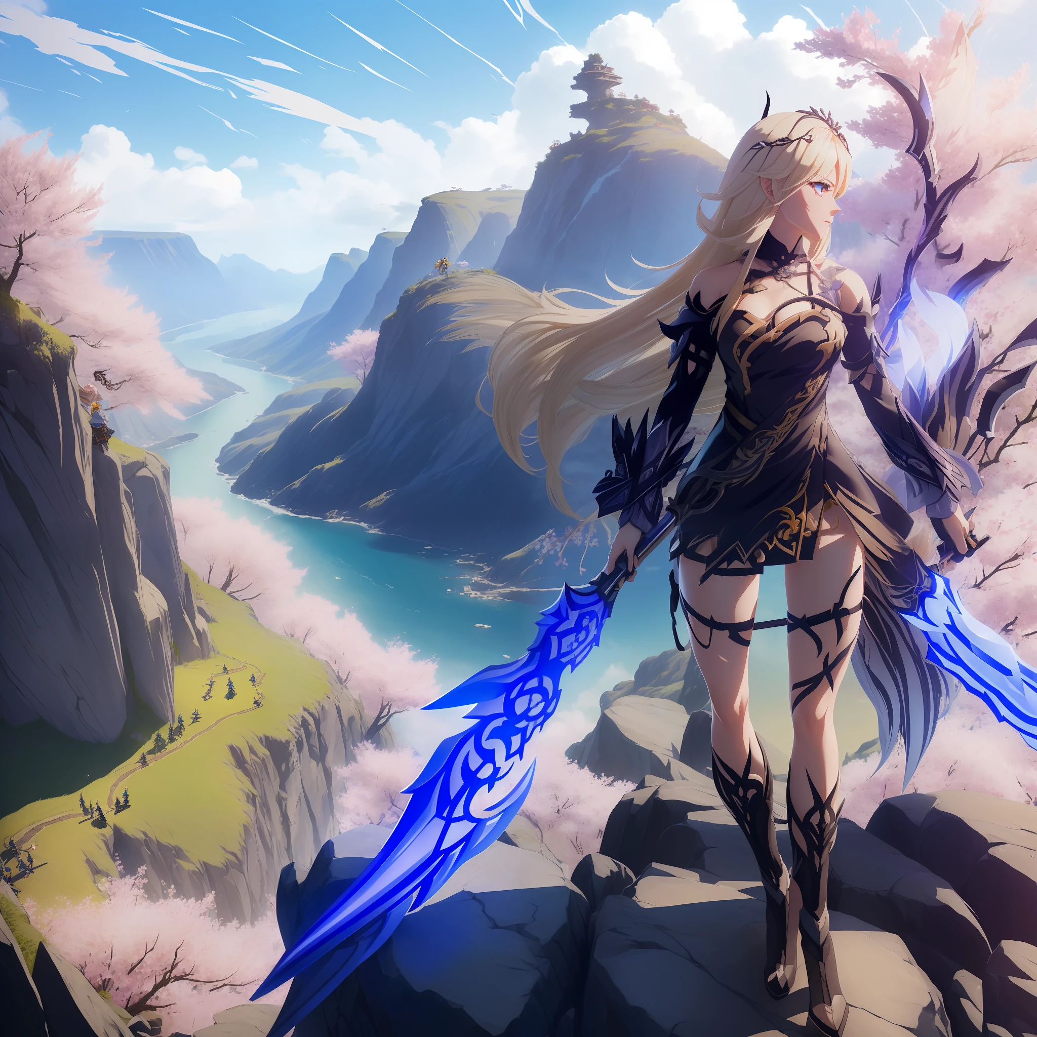 ((in the style of Honkai Impact)), "Rita Rossweisse" ((wielding a Fantasy War Scythe Iris of Helheim) on a rocky cliff overlooking a valley of cherry blossoms. Her long blonde hair ((blowing in the wind)), and her eyes ((flickering with determination)) ((extremely sensual body)) as she prepares to fight any Honkai beasts that come her way.