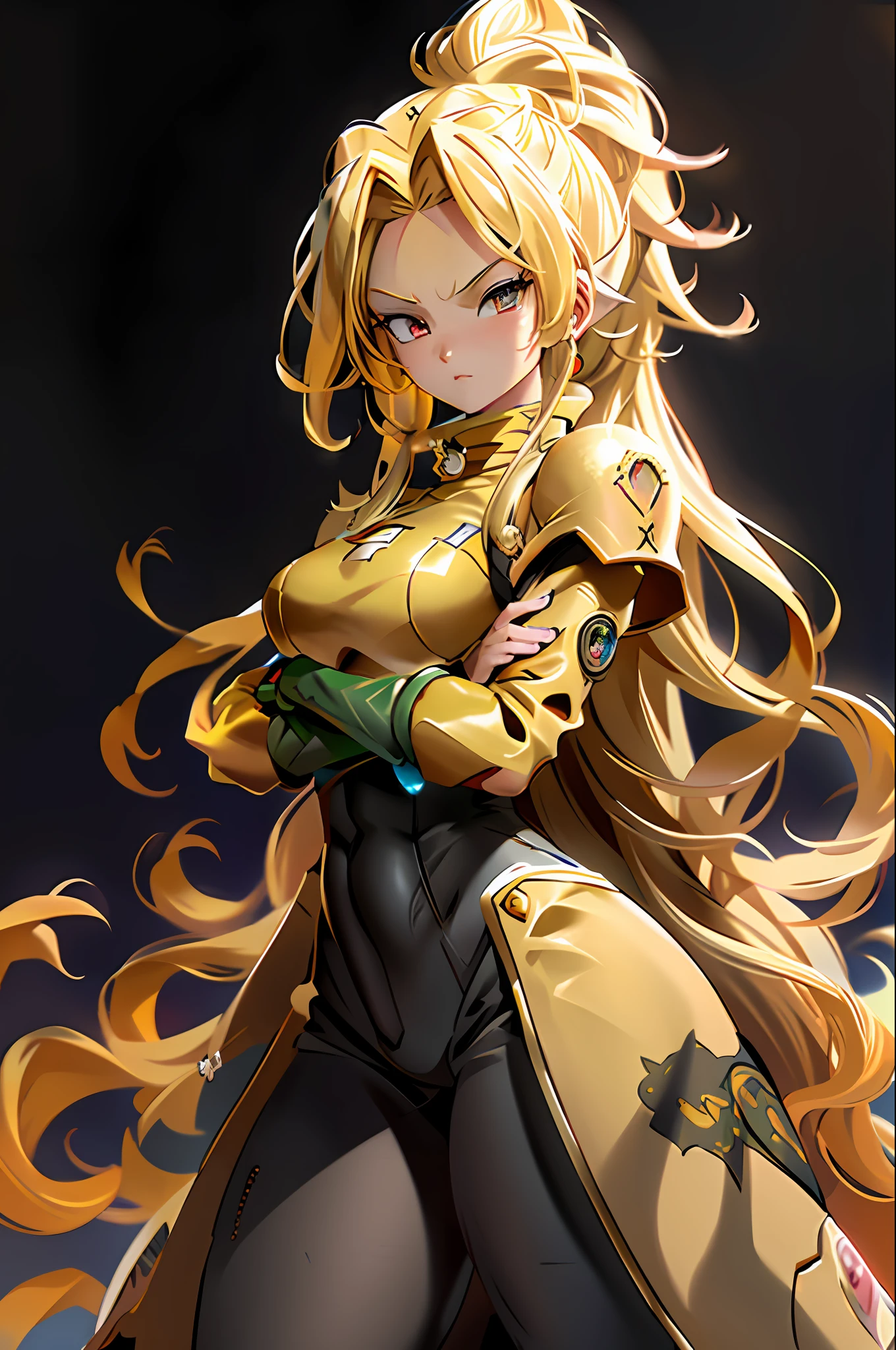 A closeup of a person with arms crossed and one (golden armor), (Super Saiyan), Prince Vegeta, Saiyan Armor, Dragon Ball Concept Art, Super Saiyan Goku, Vegeta, an epic anime of a man of energy, Going Super Saiyan, Dragon Ball Artstyle, 4K manga wallpaper, with Vegeta's head hair, Super Sayian Goku, Epic anime art