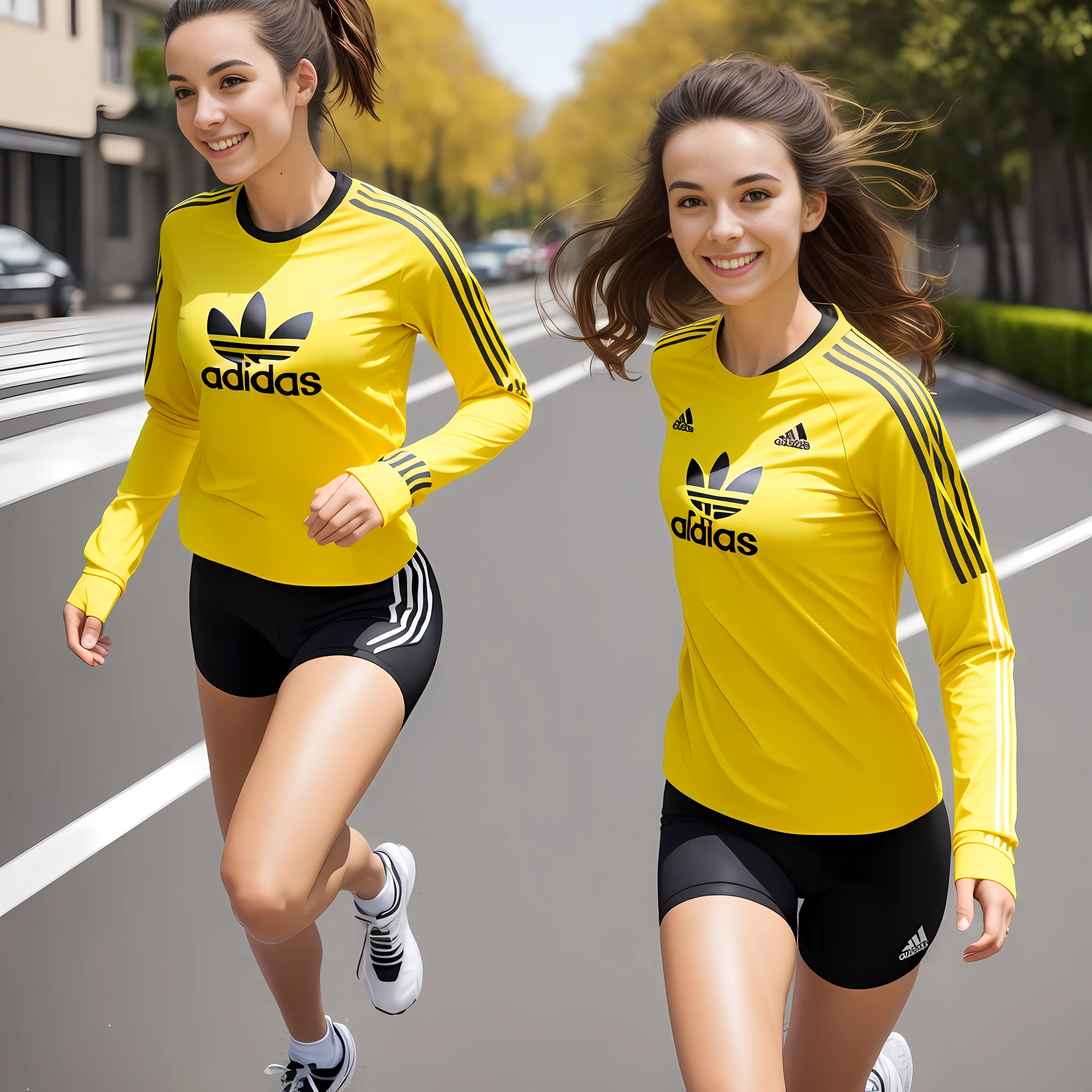 Woman, European, 22 years old, wearing a long sleeve adidas Tshirt, yellow bike shorts, running, sunny day, smiling, Masterpiece, ultra detailed, 8k