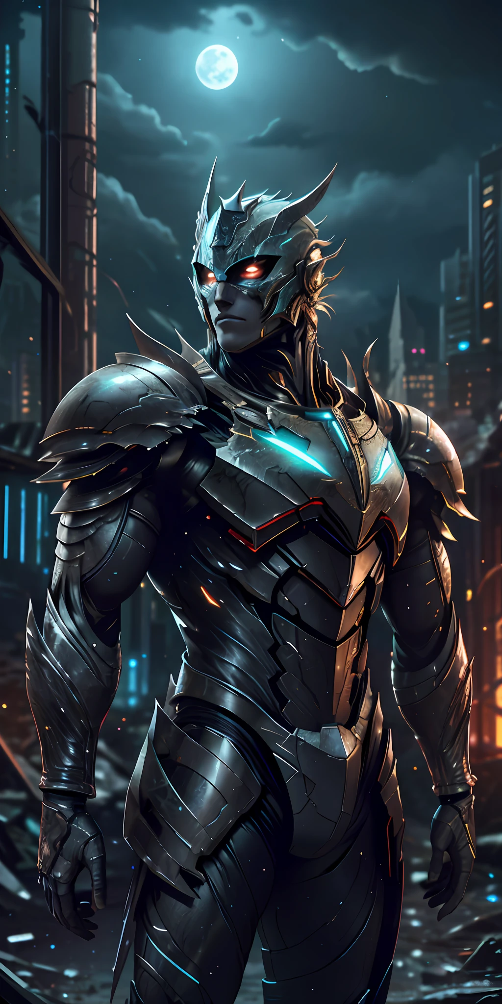 Flash wearing futuristic armor stands imposing in an abandoned haunted lost city. Moonlight highlights your muscles and scars. The scenery is lush and mysterious, with dark city and surroundings. The camera details everything, a warrior woman, in front of him.