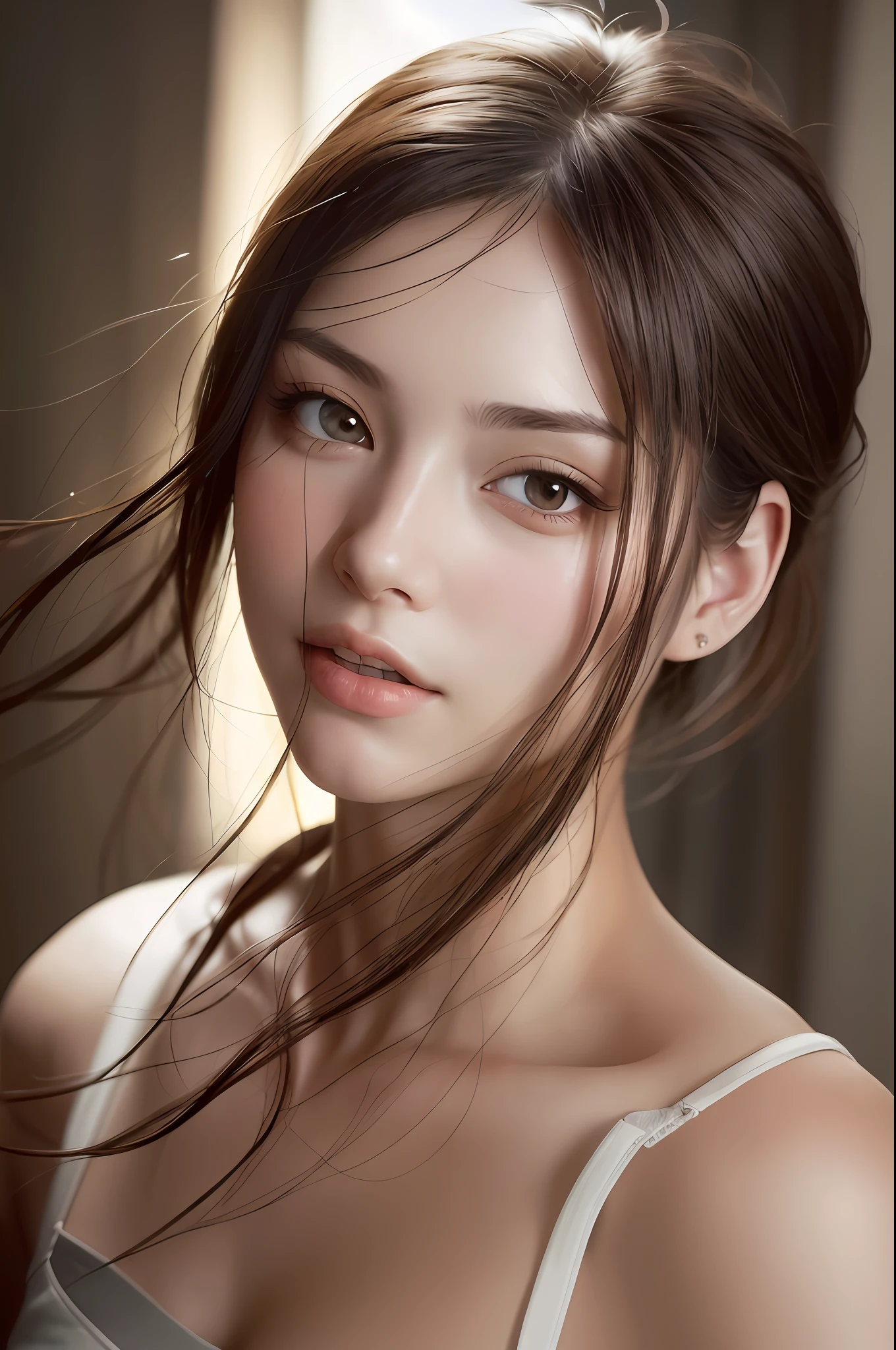 dressed, (photo realistic:1.4), (hyper realistic:1.4), (realistic:1.3),
(smoother lighting:1.05), (increase cinematic lighting quality:0.9), 32K,
1girl,20yo girl, realistic lighting, backlighting, light on face, ray trace, (brightening light:1.2), (Increase quality:1.4),
(best quality real texture skin:1.4), finely detailed eyes, finely detailed face, finely quality eyes,
(tired and sleepy and satisfied:0.0), face closeup, t-shirts,
(Increase body line mood:1.1), (Increase skin texture beauty:1.1)