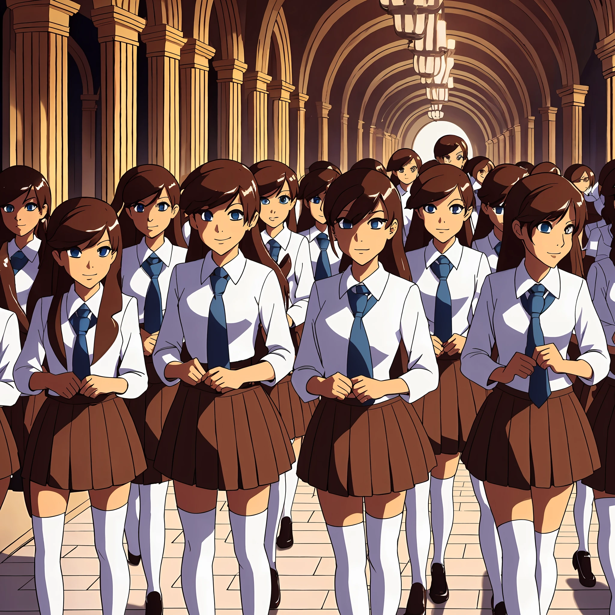perfect anime illustration, 17 year old girls, medium breasts, multiple girls, thousands of girls, millions of girls, sisters, large crowd of sisters, (blonde girls, brown haired girls), same aged sisters, rich girls, sexy schoolgirls, brown hair, blonde hair, curly hair, long hair, different hair colors, hazel eyes, smiling, white skin, school uniform, blazer, white thigh high socks, high heels, matching outfits, highres, bedroom, full body, neat rows of sisters, neat columns of sisters, sisters standing in formation, sisters in background