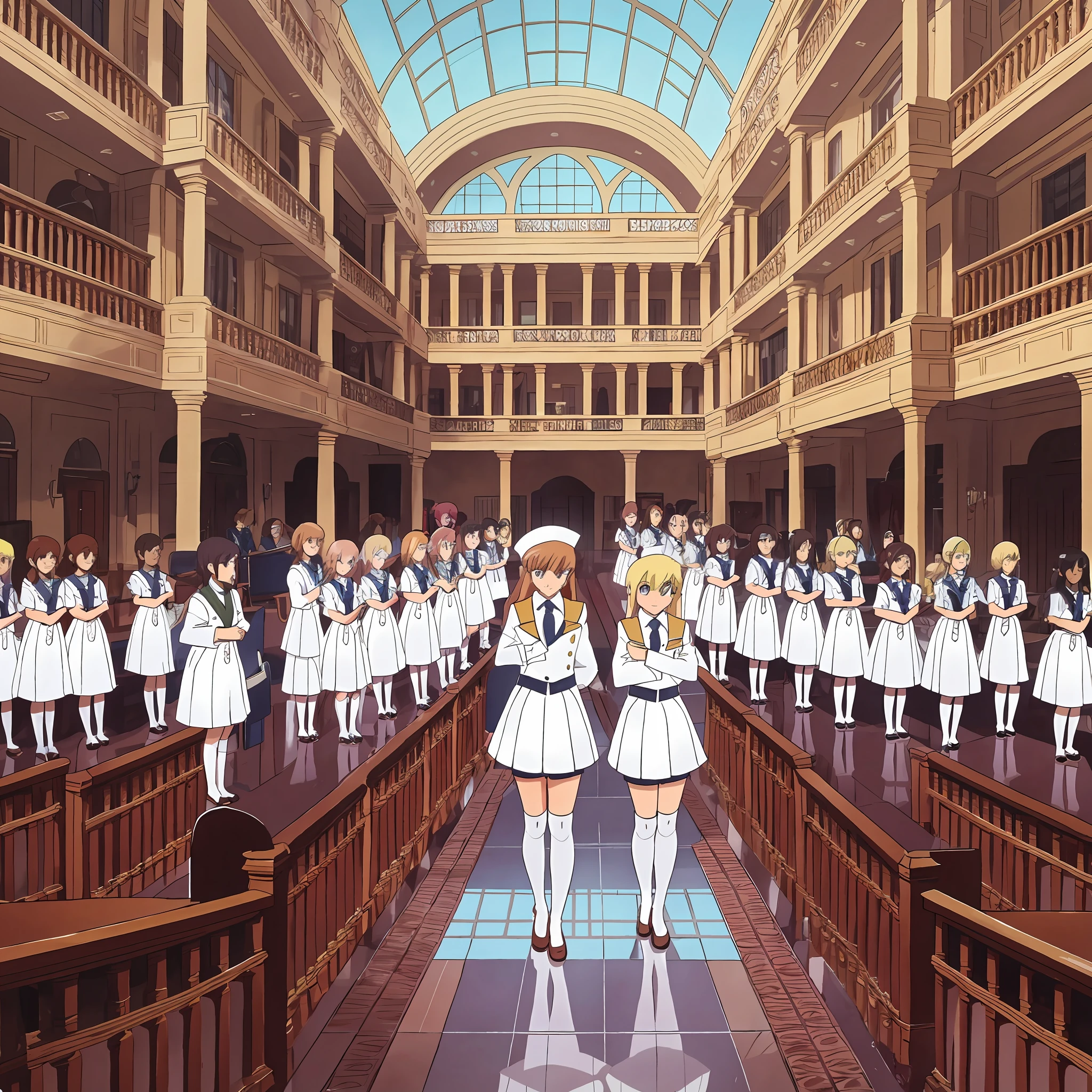 perfect anime illustration, 17 year old girls, medium breasts, multiple girls, thousands of girls, millions of girls, sisters, large crowd of sisters, (blonde girls, brown haired girls), same aged sisters, rich girls, sexy schoolgirls, brown hair, blonde hair, curly hair, long hair, different hair colors, hazel eyes, smiling, white skin, school uniform, blazer, white thigh high socks, high heels, matching outfits, highres, bedroom, full body, neat rows of sisters, neat columns of sisters, sisters standing in formation, sisters in background