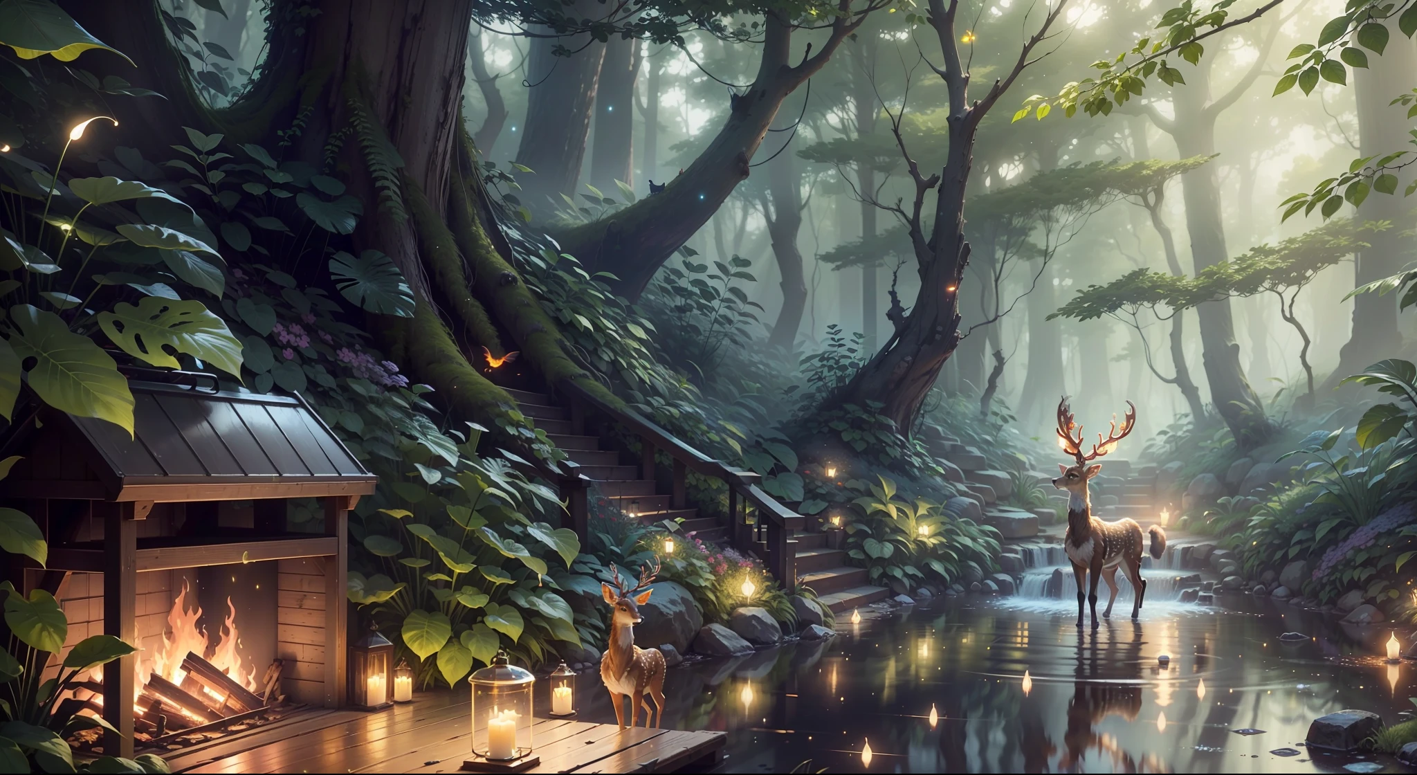 June Party Masterpiece, best quality, (very detailed CG 8k wallpaper), (best quality), (best illustration), (best shadows), bright sprite, with a bright deer, in the pool Drinking water, natural elements in the theme of the forest . Mysterious forest, beautiful forest, nature, surrounded by flowers, delicate leaves and branches surrounded by fireflies (natural elements), (jungle theme), (leaves), (branches), (fireflies), (particle effects) etc.3D, Octane rendering, ray tracing, super detailed --auto --v6 --s2