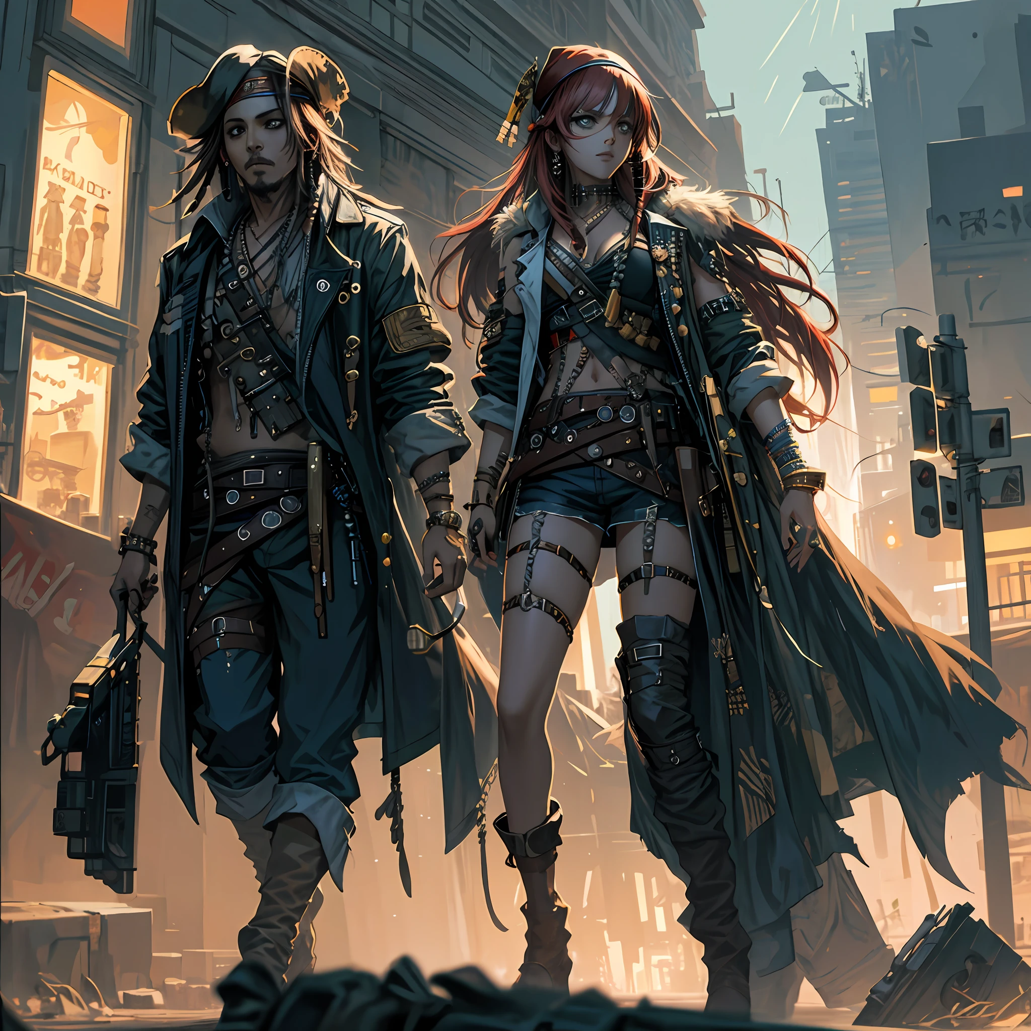 Jack sparrow and Cleopatra are in front of a city at night, digital cyberpunk anime art, 8K anime.