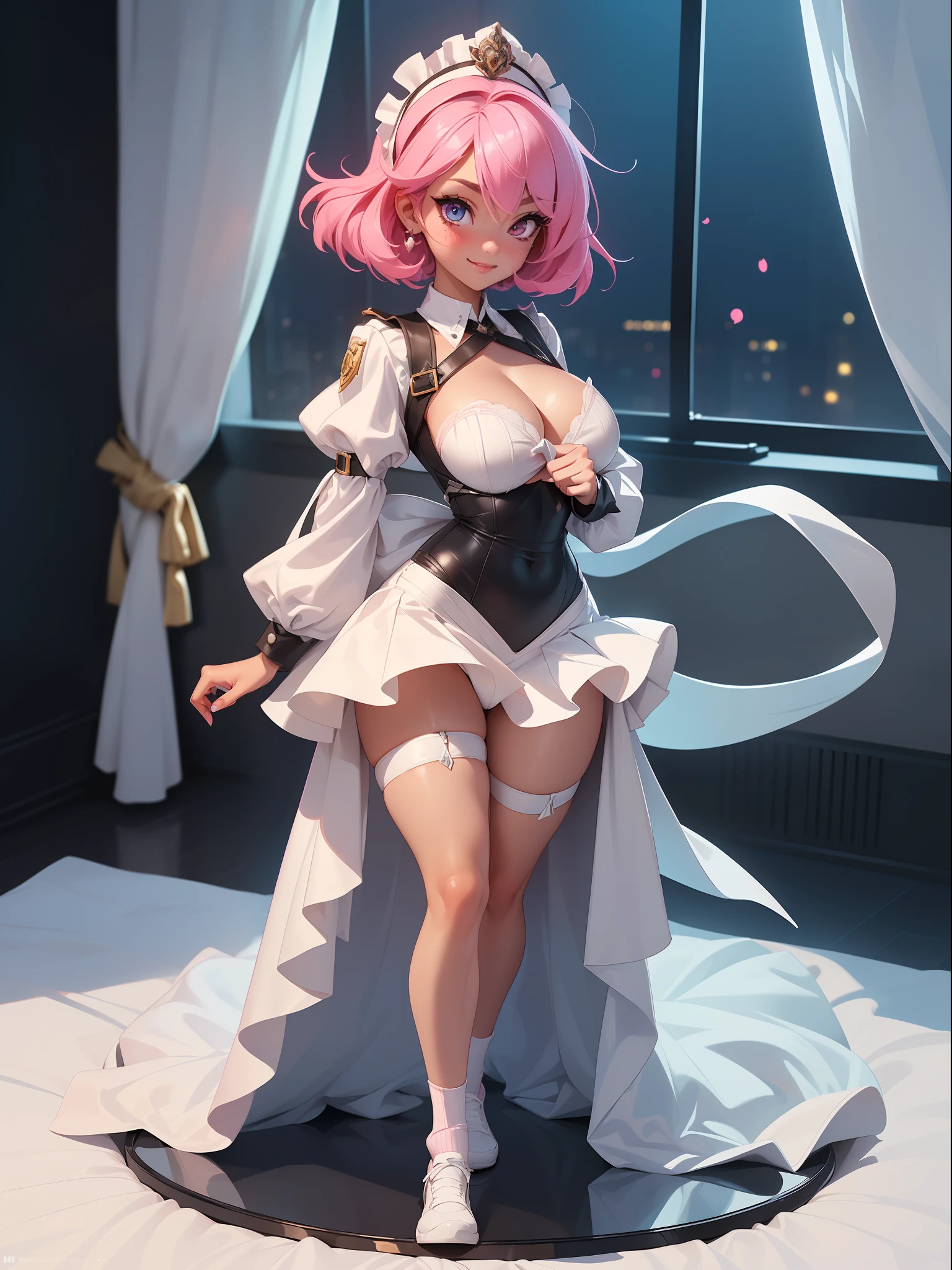 ((full body photo, feet on the ground, straight body)) {(Laura:woman, large breasts)}; {(black maid costume with white parts+white skirt+white sock with clips on pants+little clothing+extremely tight on body)}; {(she is inside a hotel room with a window, period of:night, the window is open,; she is standing in front of the window, catching a wind in her body, her clothes are very transparent)}, Her body and hair {are extremely sweaty + transparent costume}; she has {((is extremely exhibitionist, has very short pink hair and slick, eyes:blue, is smiling, looking at the viewer)}; Anime style, masterpiece,, High detail, anime, 16k, UHD, retina, retina, ccurate, anatomically correct, textured skin, super detail, high quality, award-winning