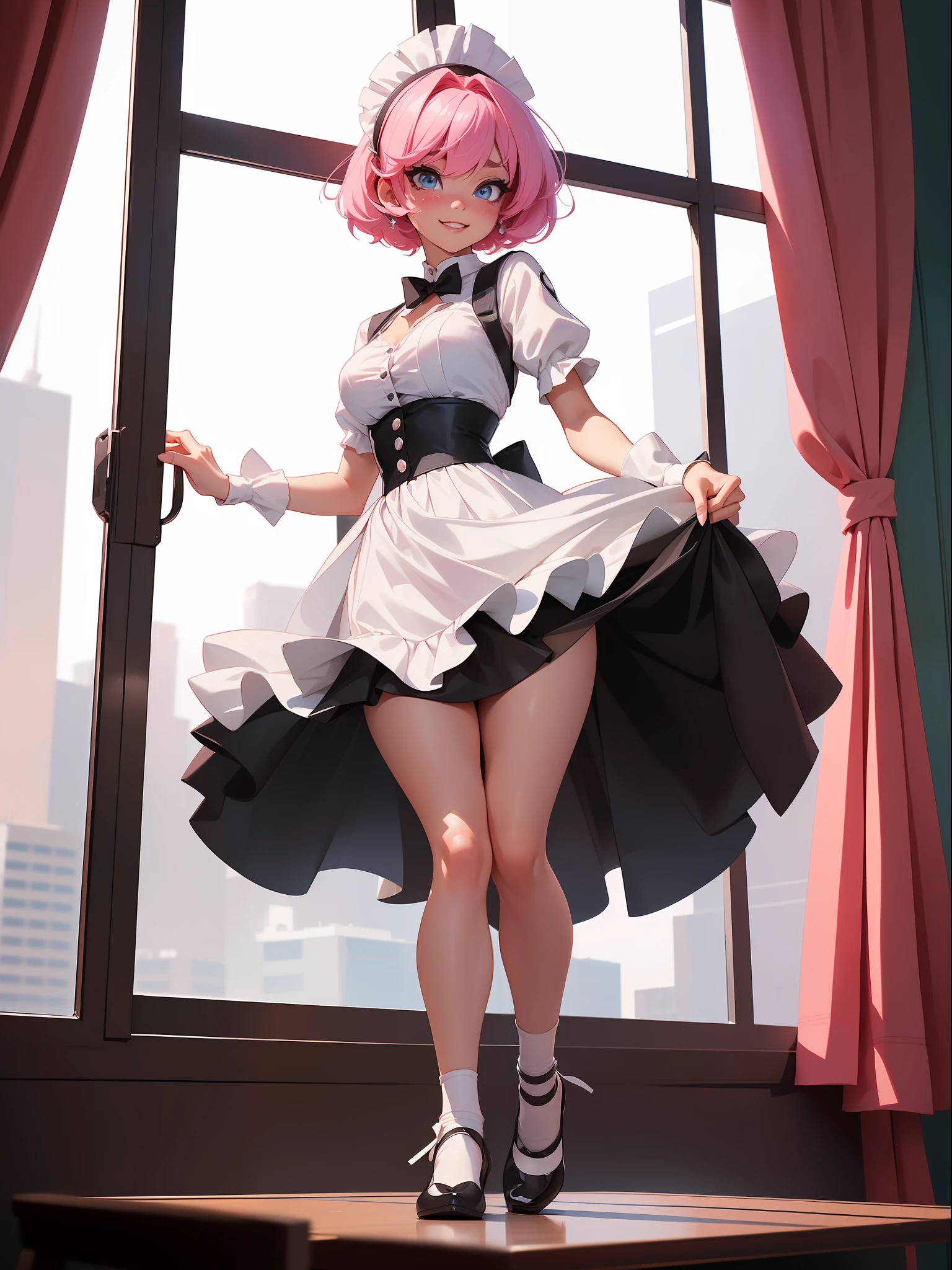 ((full body photo, feet on the ground, straight body)) {(Laura:woman, large breasts)}; {(black maid costume with white parts+white skirt+white sock with clips on pants+little clothing+extremely tight on body)}; {(she is inside a hotel room with a window, period of:night, the window is open,; she is standing in front of the window, catching a wind in her body, her clothes are very transparent)}, Her body and hair {are extremely sweaty + transparent costume}; she has {((is extremely exhibitionist, has very short pink hair and slick, eyes:blue, is smiling, looking at the viewer)}; Anime style, masterpiece,, High detail, anime, 16k, UHD, retina, retina, ccurate, anatomically correct, textured skin, super detail, high quality, award-winning