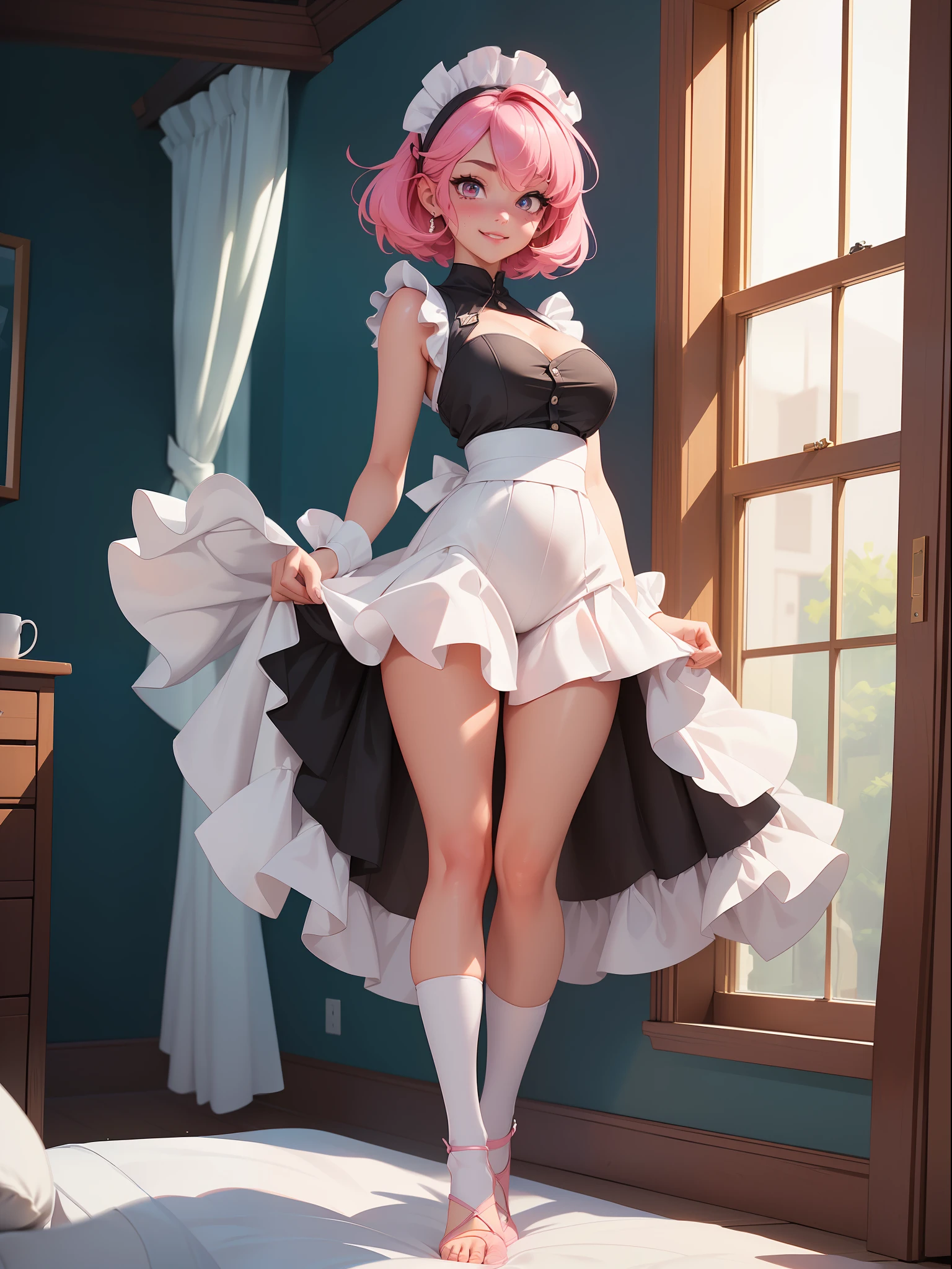 ((full body photo, feet on the ground, straight body)) {(Laura:woman, large breasts)}; {(black maid costume with white parts+white skirt+white sock with clips on pants+little clothing+extremely tight on body)}; {(she is inside a hotel room with a window, period of:night, the window is open,; she is standing in front of the window, catching a wind in her body, her clothes are very transparent)}, Her body and hair {are extremely sweaty + transparent costume}; she has {((is extremely exhibitionist, has very short pink hair and slick, eyes:blue, is smiling, looking at the viewer)}; Anime style, masterpiece,, High detail, anime, 16k, UHD, retina, retina, ccurate, anatomically correct, textured skin, super detail, high quality, award-winning