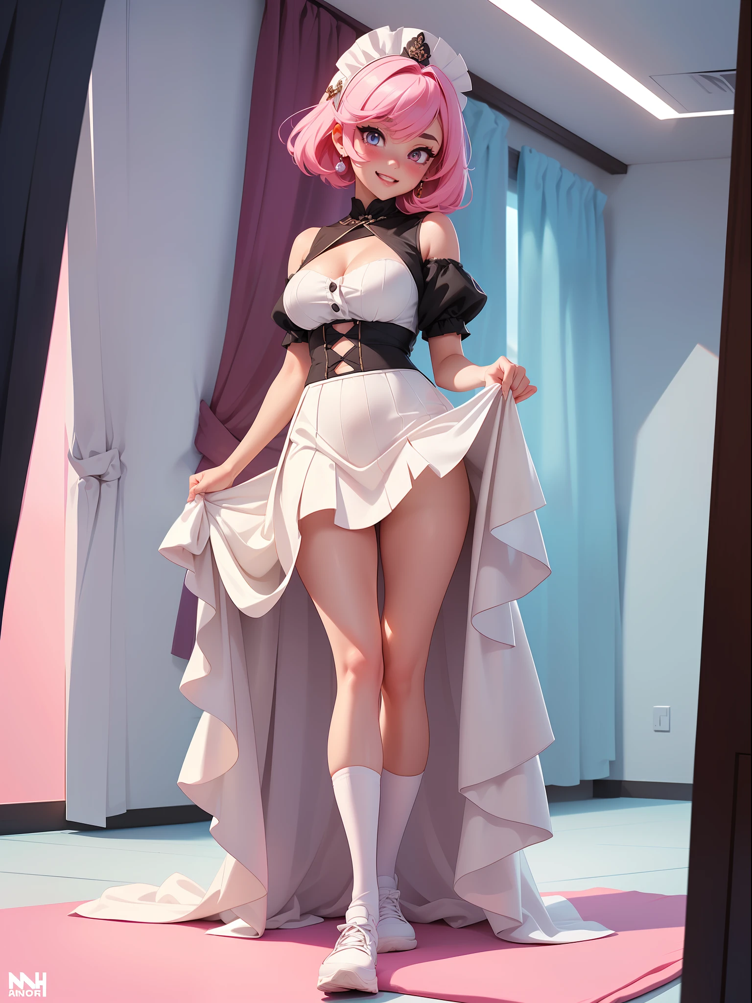 ((full body photo, feet on the ground, straight body)) {(Laura:woman, large breasts)}; {(black maid costume with white parts+white skirt+white sock with clips on pants+little clothing+extremely tight on body)}; {(she is inside a hotel room with a window, period of:night, the window is open,; she is standing in front of the window, catching a wind in her body, her clothes are very transparent)}, Her body and hair {are extremely sweaty + transparent costume}; she has {((is extremely exhibitionist, has very short pink hair and slick, eyes:blue, is smiling, looking at the viewer)}; Anime style, masterpiece,, High detail, anime, 16k, UHD, retina, retina, ccurate, anatomically correct, textured skin, super detail, high quality, award-winning