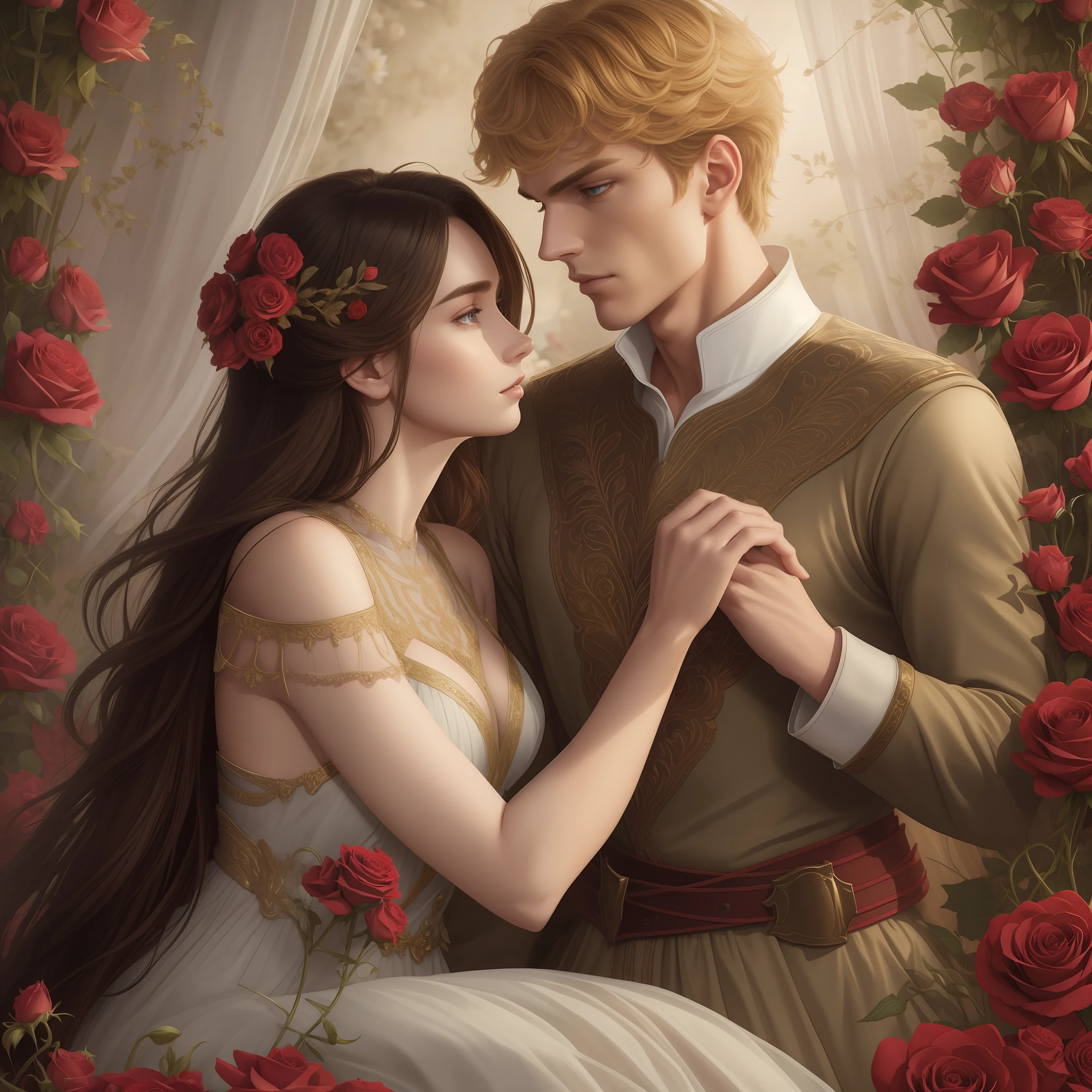 Couple kisses with great affection, Neels Visser is a prince who has golden blonde hair, wears a medieval military outfit and is in love with the commoner Lily Collins, who has curly brown black hair and wears a red dress, illustration of a romance book cover with a detailed, smooth, bright background full of ivy-covered flowers and red roses, ornate dress standing on a bed of roses, rim light, dynamic lighting, ethereal lighting, ultra detail, concept art, elegant, surreal, art by Lisa Aisato, Greg Hildebrandt, Citemer Liu, Stjepan Sejic, Samyang, Aykut Aydogdu, Justin Gerard, Alphonse Mucha, Artgerm, WLOP and Greg Rutkowski
