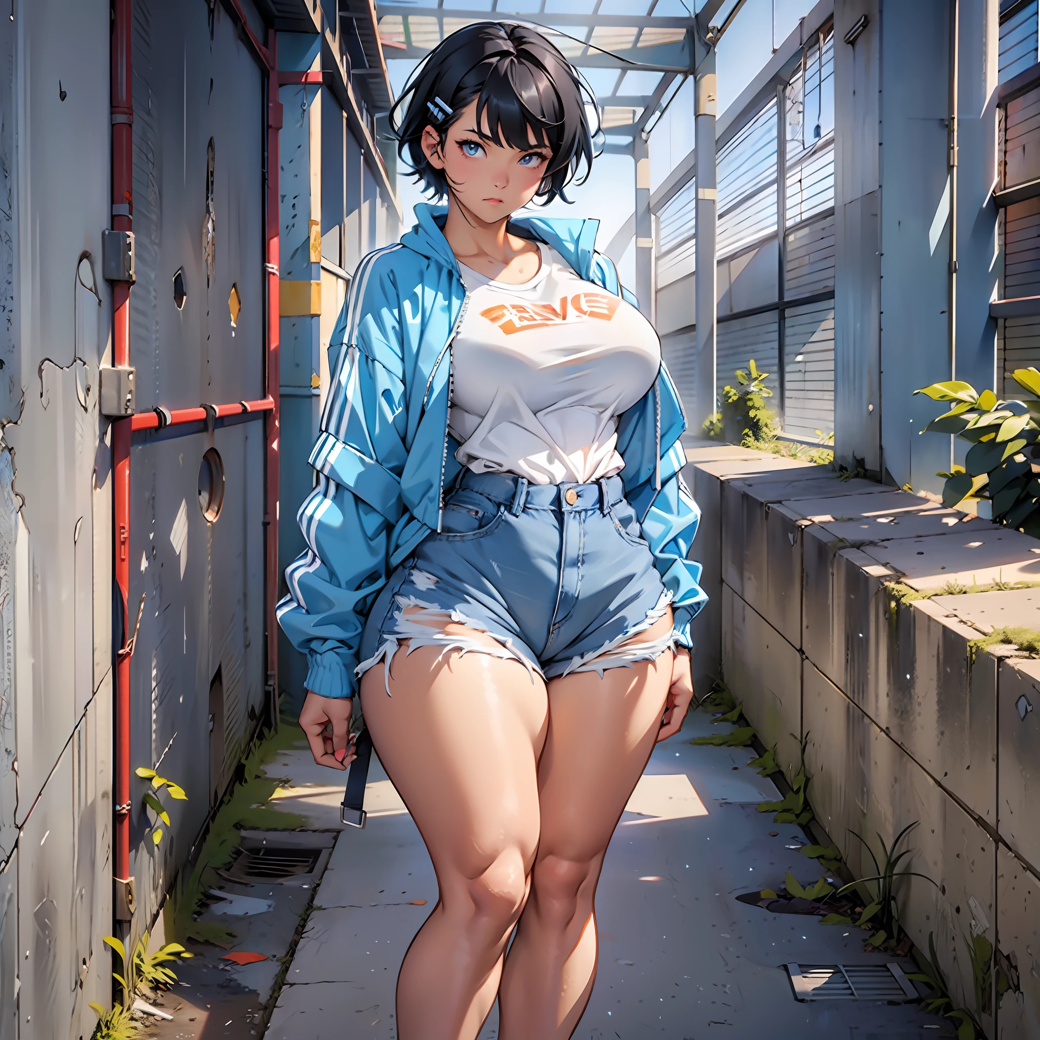 Kawaii teenager, curvy body, girl with thick thighs, big breasts, white windbreaker, glued jean shorts, dark blue sneakers, light black hair, short hair, hair clip, bangs, blue colored eyes, gorgeous face, soft skin, abandoned warehouse scenery, fighting pose.