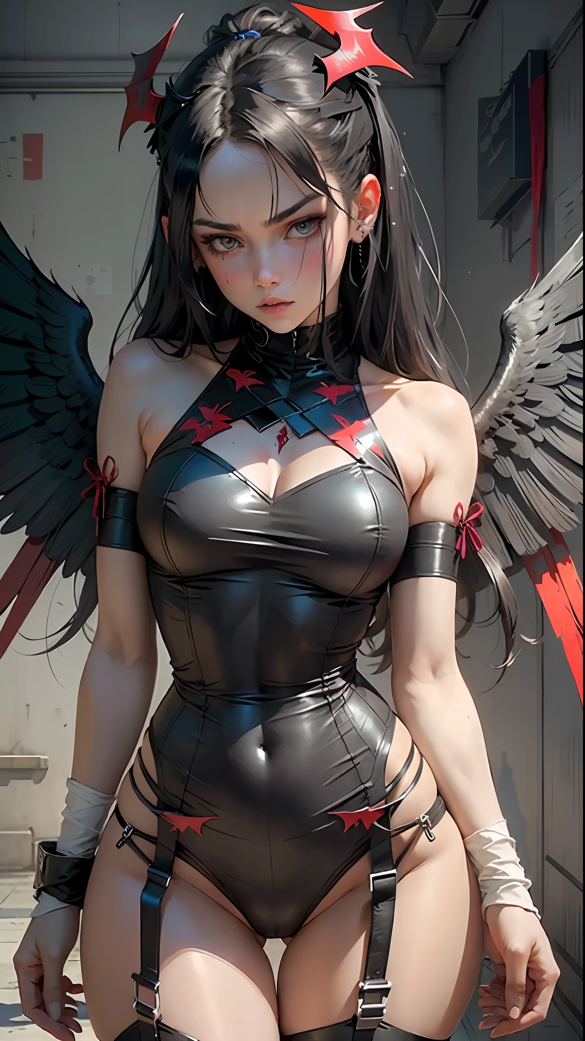 Masterpiece 8k))+((High_resolution)), 1European_Scandinavian_girl the devil Lucifer, 1girl athletic_body: 1.2, pale and radiant skin, red_eyes, large breasts, long black hair straight over shoulders, immense power, haughty, highly symmetrical face with slightly angular features ((perfect_face: 1.2)), wearing transparent black underwear, garter belt, luiz shoes XV crimson red, angel in perfection, fallen_angel, big_black_wings, black_feathers, by Sui Ishida