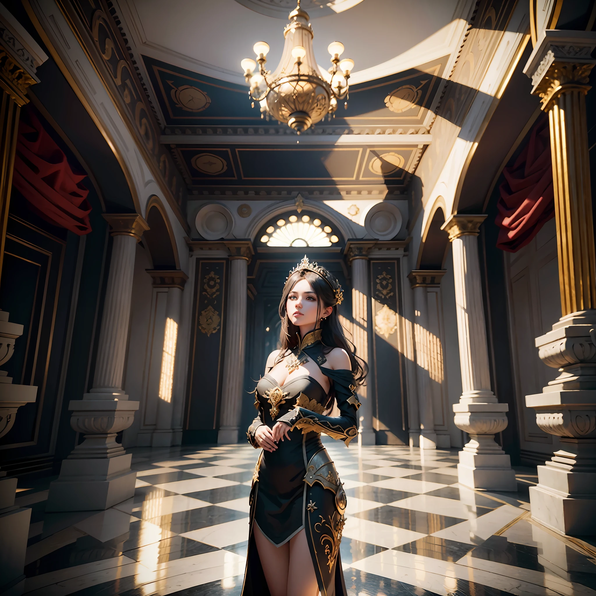 young intricate woman in royal palace, wide angle lens f/2.8, ultra insane high resolution intricate textures, texture indentation, perfect perspective, perfect geometry, ultra insane ambient lighting, ultra insane ambient shadows, luminism, ultra detailed busy background, bouncing lighting, tessellation, maximalism, perfectionism, IPA Award wining masterpiece, unreal engine 5, octane render