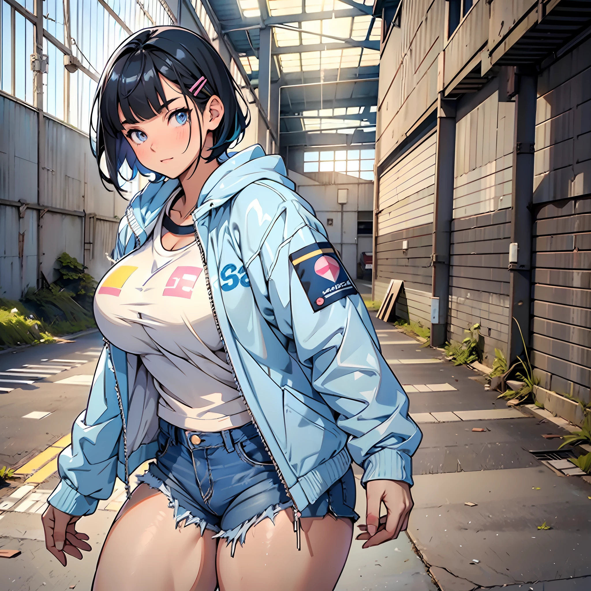 Kawaii teenager, curvy body, girl with thick thighs, big breasts, white windbreaker, glued jean shorts, dark blue sneakers, light black hair, short hair, hair clip, bangs, blue colored eyes, gorgeous face, soft skin, abandoned warehouse scenery, fighting pose.