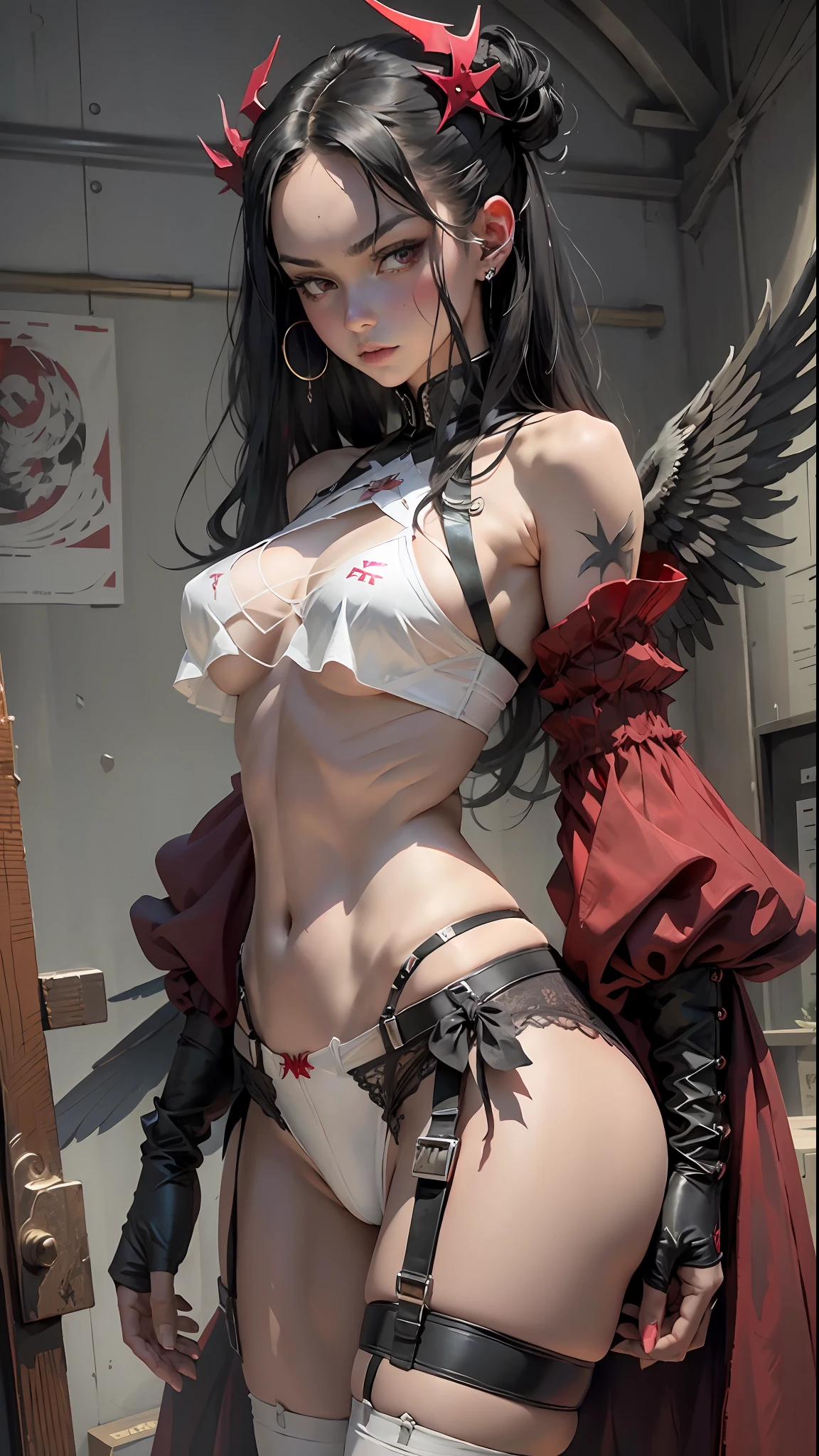 Masterpiece 8k))+((High_resolution)), 1European_Scandinavian_girl the devil Lucifer, 1girl athletic_body: 1.2, pale and radiant skin, red_eyes, large breasts, long black hair straight over shoulders, immense power, haughty, highly symmetrical face with slightly angular features ((perfect_face: 1.2)), wearing transparent black underwear, garter belt, luiz shoes XV crimson red, angel in perfection, fallen_angel, big_black_wings, black_feathers, by Sui Ishida