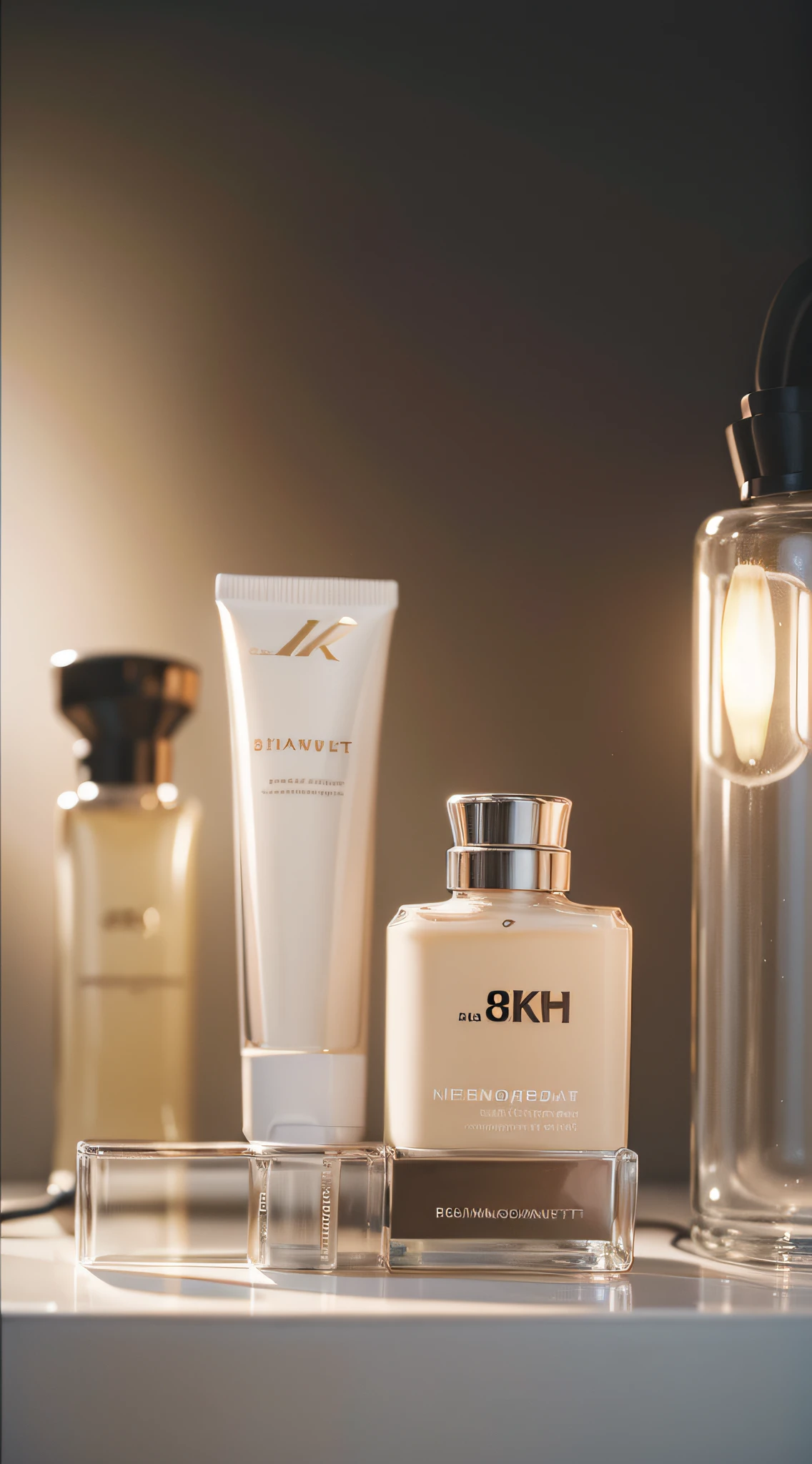 Beauty blogger's recommendation, ask for women's side face, display of cosmetic products, from left, beautiful romantic skin impeccable, Rembrandt lamp, 8k HD, clear outer contour, background bokeh, shutter 300, FM5