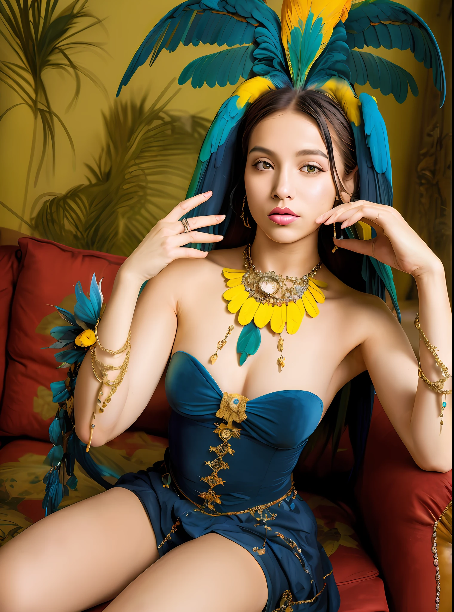 portrait of a 21-year-old Wild Xavante India girl from 1940, sitting takes a selfie like a smartphone, (living room with period furniture, moody soft light: 1.2), extreme tanned skin, extreme long black straight hair messes over naked boobs, huge macaw blue parrot feather headdress, big cheeks, long legs, curvy, indigenous yellow and green breast painting, breast painted blue and yellow, indigenous yellow and green facial painting, huge macaw blue parrot feather necklace,
