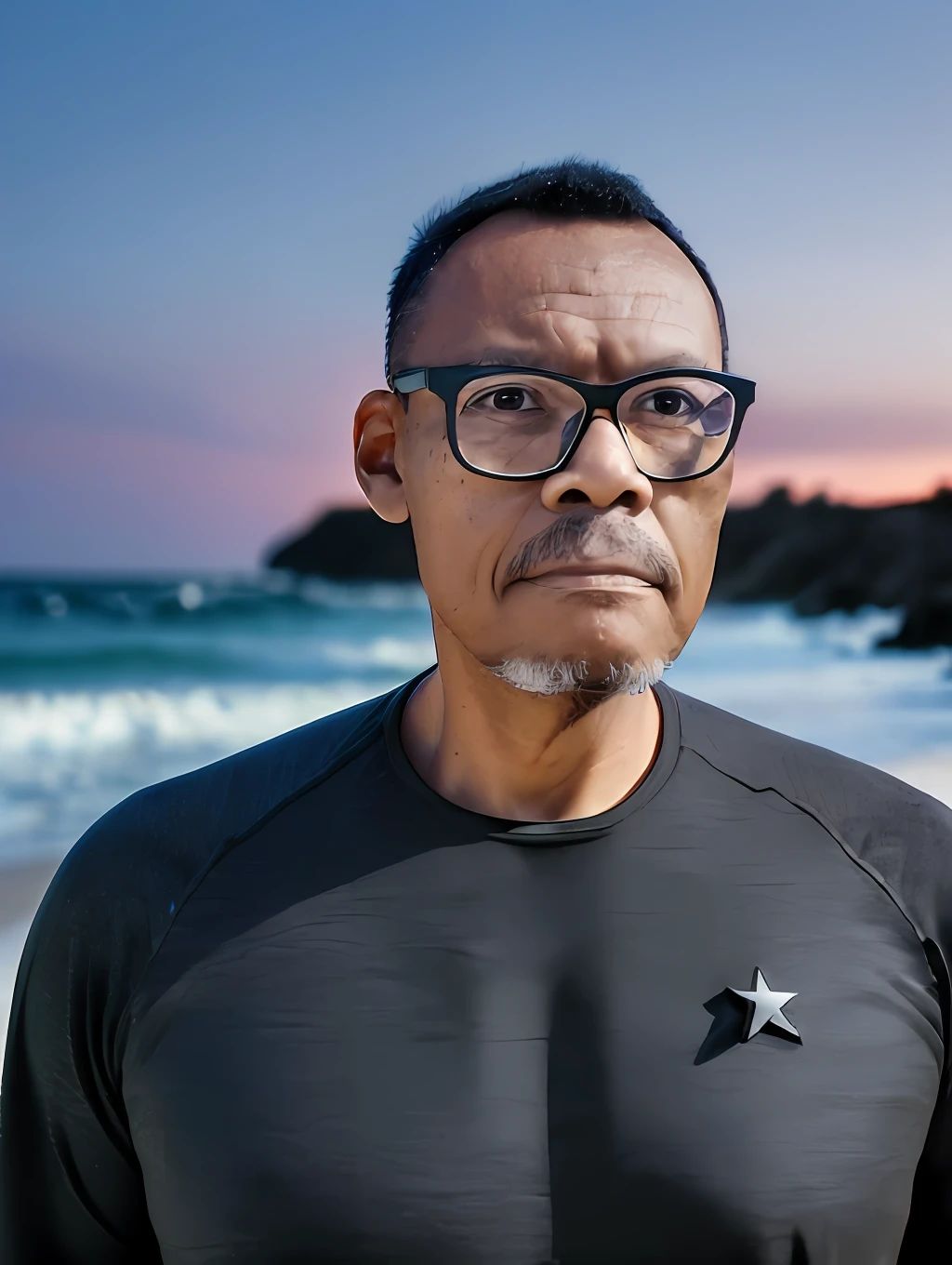 guttonerdvision3, ((((portrait))) 50 y.o man with glasses in black clothes, face, half body, body, detailed high skin, skin pores, coastline, well starred night time, waves, 8k uhd, dslr, moon lighting, high quality, film grain, Fujifilm XT3