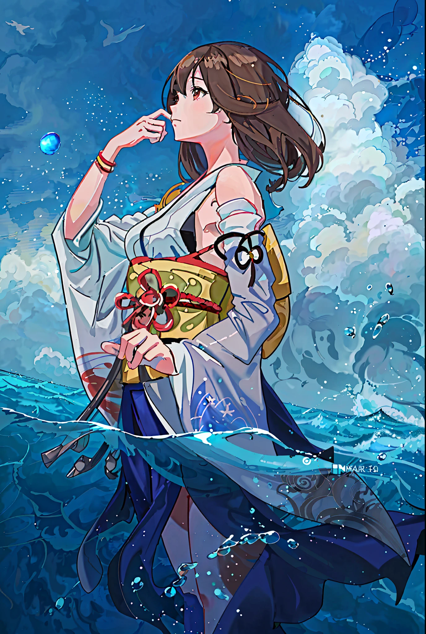 (whistling),brown hair,Anime girl in a kimono suit standing in the ocean, Anime girl walking on water, Kantai Collection Style, 4K manga wallpaper, Beautiful anime artwork, On Ocean Water, A beautiful artwork illustration, Blue Water anime wallpaper,  At Sea, Anime Illustration, [ 4K Digital Art]!!, 8K Anime Art Wallpaper, 4K Anime Wallpaper
