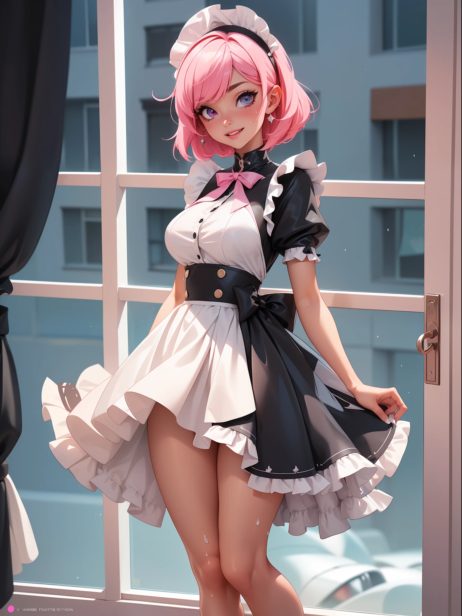 ((full body photo, feet on the ground, straight body)) {(Laura:woman, large breasts)}; {(black maid costume with white parts+white skirt+white sock with clips on pants+little clothing+extremely tight on body)}; {(she's inside a hotel room with a window, tonight, the window is open, she's standing in front of the window, catching a wind on her body, maid's costume extremely transparent and wet)}, Her body and hair {are extremely sweaty}; she {((is extremely exhibitionist, has very short pink hair and slick, eyes:blue, is smiling, looking at the viewer)}; Anime style, masterpiece,, High detail, anime, 16k, UHD, retina, retina, ccurate, anatomically correct, textured skin, super detail, high quality, award-winning