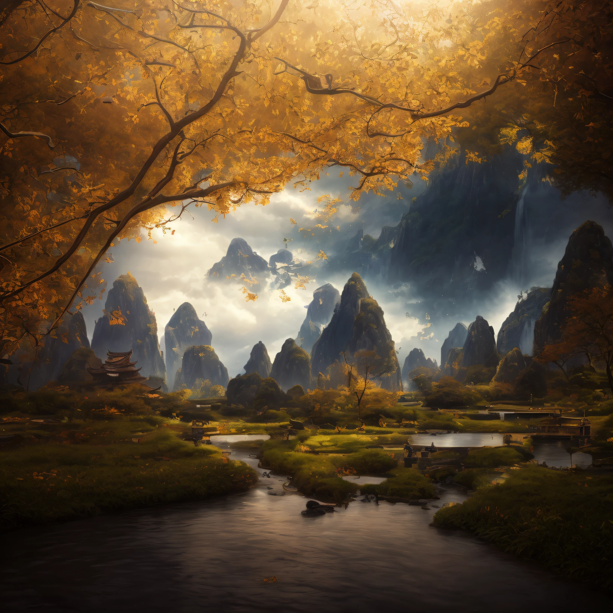 masterpiece, best quality, high quality, extremely detailed CG unity 8k wallpaper, chinese garden, scenery, amsterdam, autumn, outdoors, rainbow, sky, cloud, day, landscape, water, tree, blue sky, waterfall, nature, lake, river, cloudy sky,award winning photography, Bokeh, Depth of Field, HDR, bloom, Chromatic Aberration ,Photorealistic,extremely detailed, trending on artstation, trending on CGsociety, Intricate, High Detail, dramatic, art by midjourney
