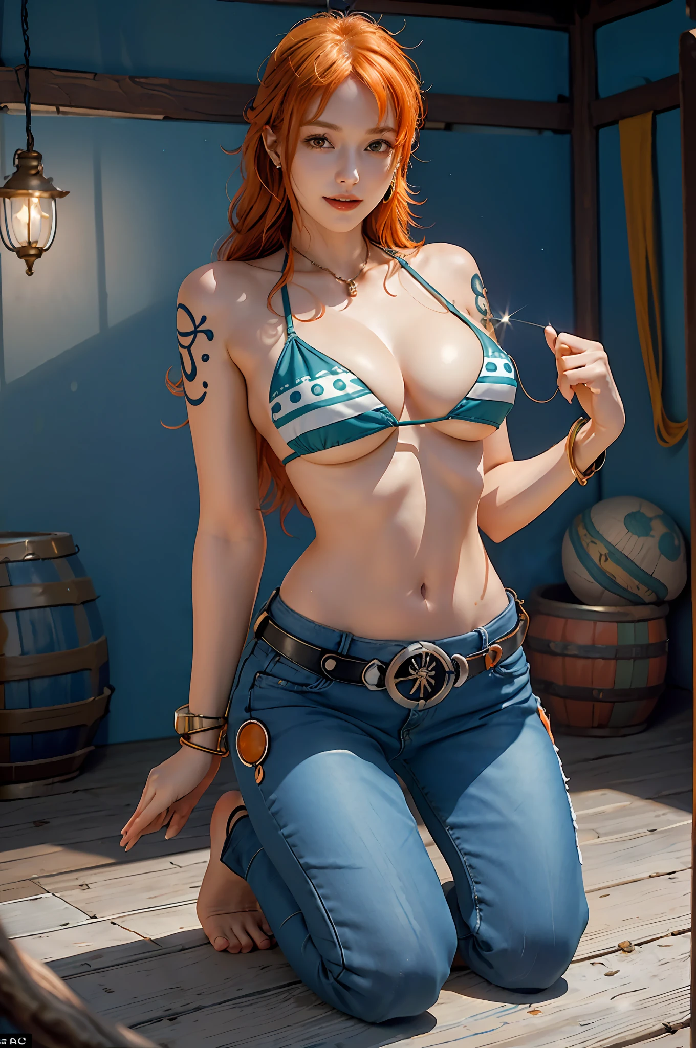 ((Masterpiece: 1.4, Best Quality)), ((Masterpiece, Best Quality)), (Photoreal: 1.4), Nami (One Piece), One Woman, Bangle, Bikini, Belt, Denim, Piercing, Orange Hair, Jewelry, Navel, Shoulder Tattoo, Cleavage, Kneeling, Open Legs, Sea, Laughing, Professional Lighting, Physically Based Rendering