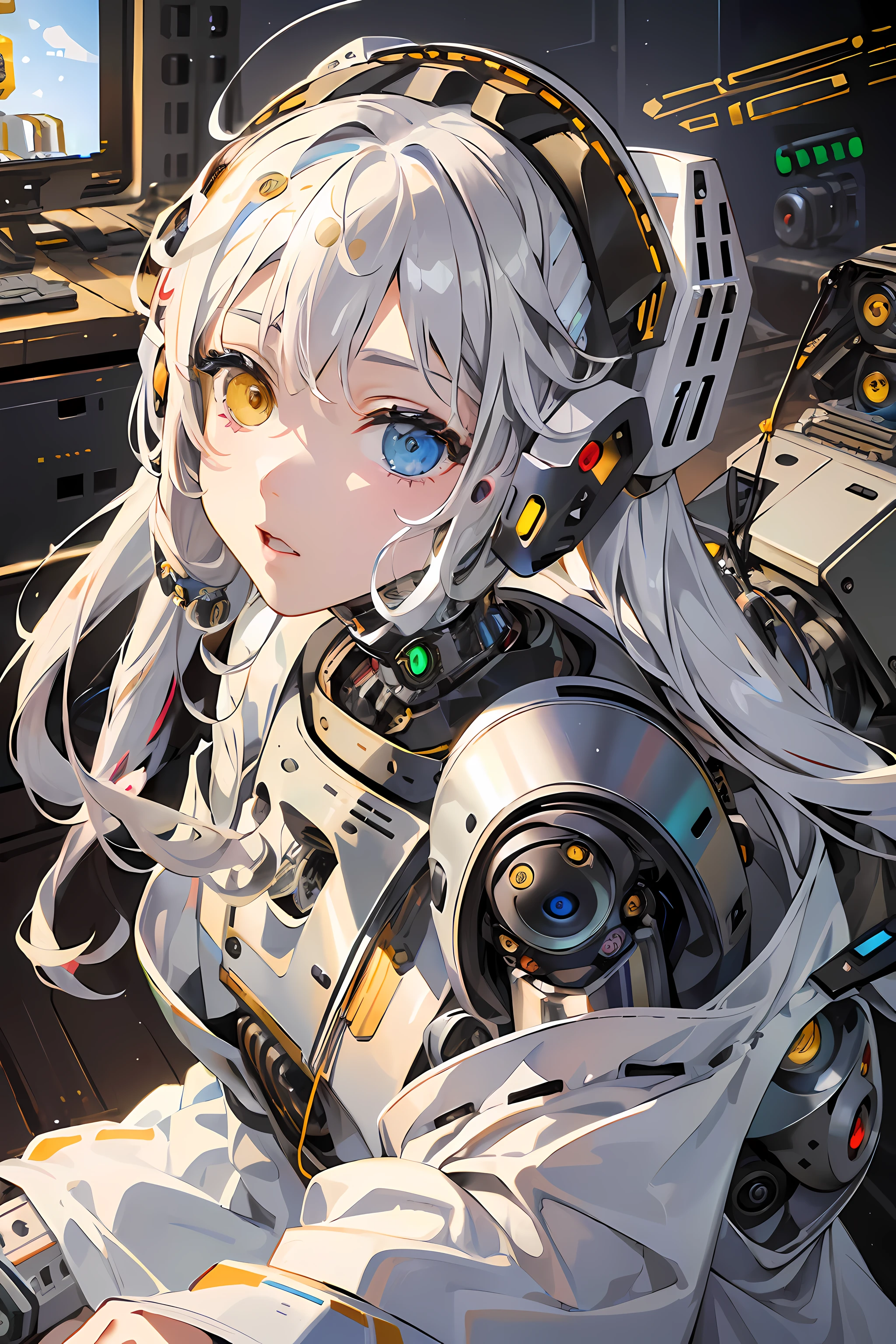 (masterpiece:1.4), (artwork:1.2), (soft and simple colors:1.2), (mechanical arms:1.1), (heterochromia+multicolored:1.33), (1girl:1:1), (long white hair with bangs), (portrait:1:1), (best disinger), (wearing robotic+technological robes:1:2), (extremely drawn eyes:1.3), (well-made iris+painted+perfection:0.8)0.7], (extremely detailed CG 8k unit wallpaper0.6), (machine shop scenario:1:1)