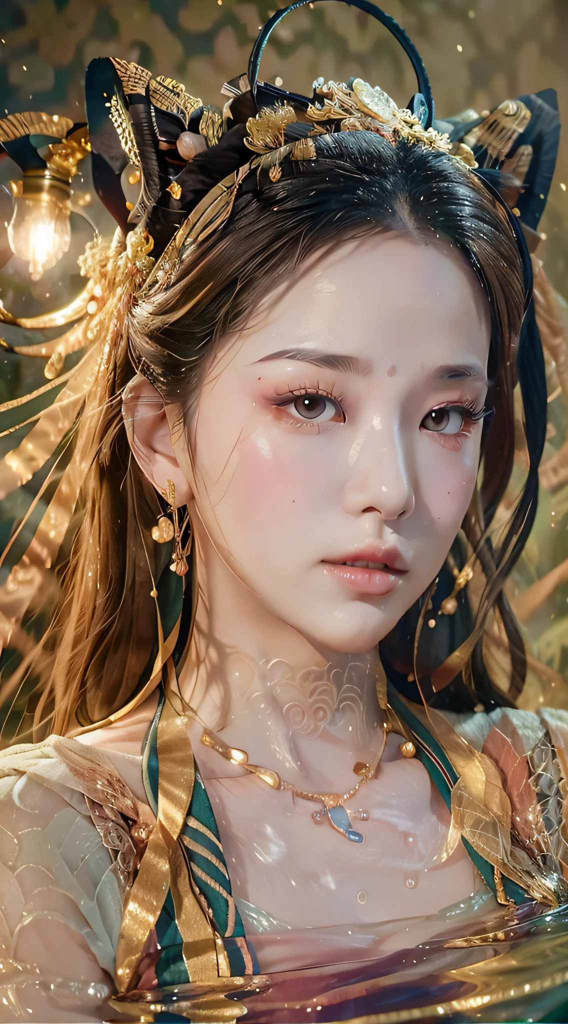 Beauty blogger's recommended app homepage, asking for women's side faces, display of cosmetic products, from left, beautiful romantic skin impeccable, 8k portrait of beautiful young woman semi-submerged in fog-shrouded lake, intricate, elegant, highly detailed, majestic, digital photography, surrealism wet lacquer gold ribbon with filigree, broken glass, rembrandt lamp, 8k HD, clear outer contour, background blur, shutter 300, FM5
