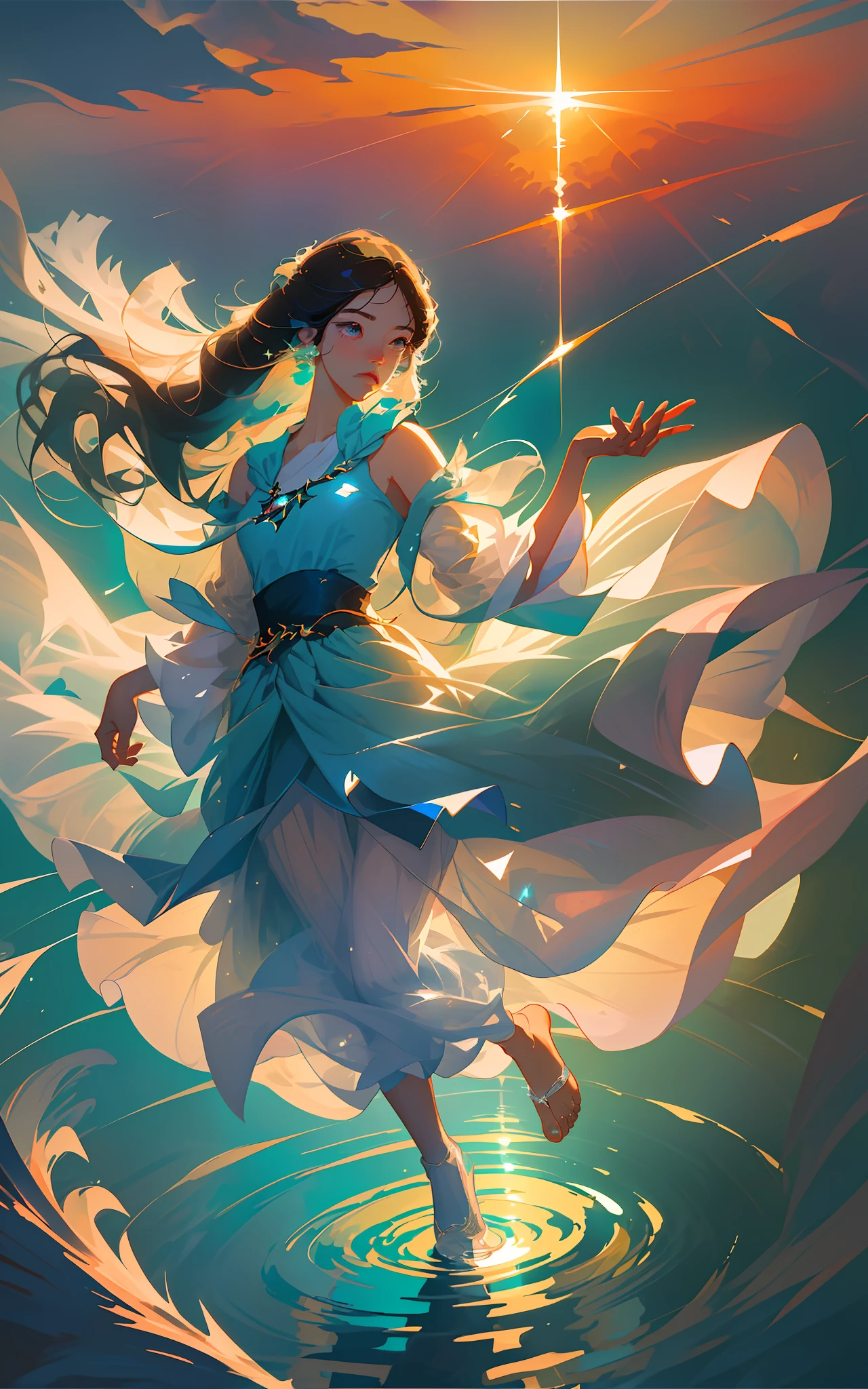 digital illustration, delicate details, (a stunningly beautiful woman descending from above:1.3), looking down below, wearing flowing white and blue gilded vests, barely touching a vast mirror-like ocean with her feet, (delicate ripples in the water:1.2), no gravity, floating, serene expression, godlike, natural lighting, vibrant prismatic colors, (art by studio ghibli:1.3), backdrop sunrise, stunning sky, gorgeous details, beautiful, stunning, fragile, crystal clear, well drawn, dynamic composition, anime style