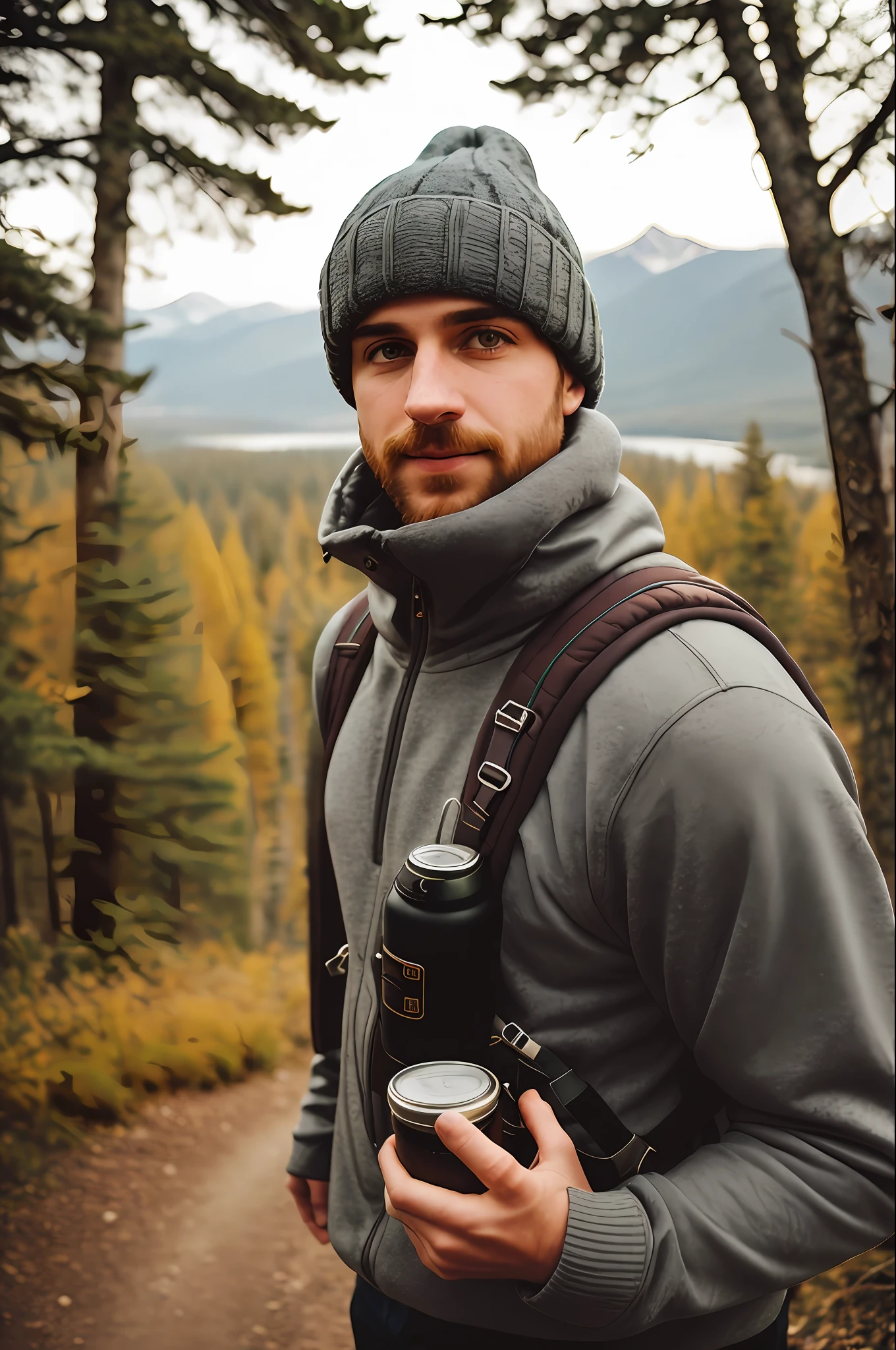 1 man ((upper body selfie, happy)), masterpiece, best quality, ultra-detailed, solo, outdoor, (night), mountains, nature, (stars, moon) cheerful, happy, backpack, sleeping bag, camping stove, water bottle, mountain boots, gloves, sweater, hat, lantern, forest, stones, river, wood, smoke, shadows, contrast, clear sky, style, (warm hue, warm tone): 1.2), close-up, cinematic light, side lighting, ultra high resolution, best shadow, RAW, upper body, wearing pullover