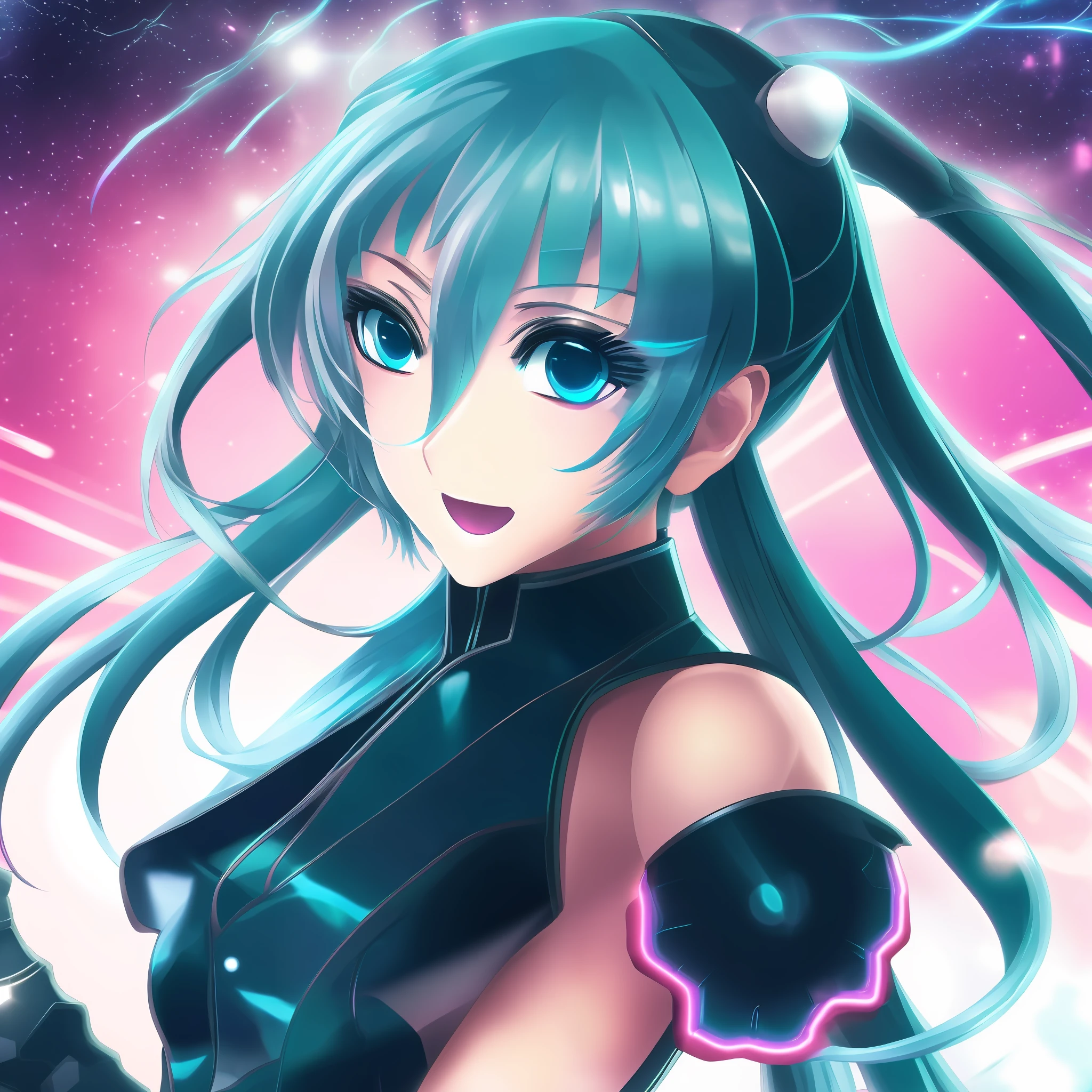 (A high-quality and detailed portrait of) Hatsune Miku, best illustration, (with) beautiful and vibrant color(s), (her) iconic teal hair, (and) striking blue eyes, singing on a stage with bright lights and energized atmosphere, (with) a futuristic holographic background.