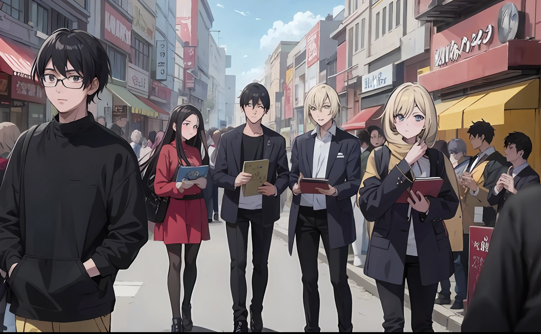 anime characters standing in a crowded street with a man holding a book, still from tv anime, today's featured anime still, in anime style, style anime, 2 0 2 2 anime style, 2022 anime style, sankakucomplex anime image, in an anime style, still from anime, high quality anime artstyle, slice of life anime