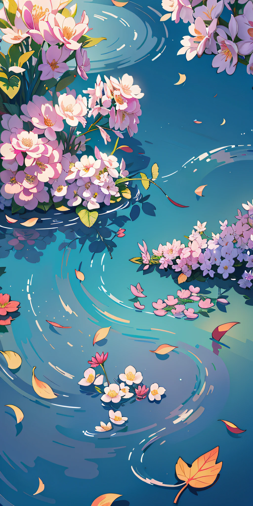 there is a painting of a pond with flowers and leaves floating on it, anime art wallpaper 8 k, a beautiful artwork illustration, anime background art, background artwork, anime art wallpaper 4k, anime art wallpaper 4 k, anime background, floral environment, background art, 4 k hd wallpaper illustration, serene illustration, wallpaper anime blue water, beautiful art uhd 4 k