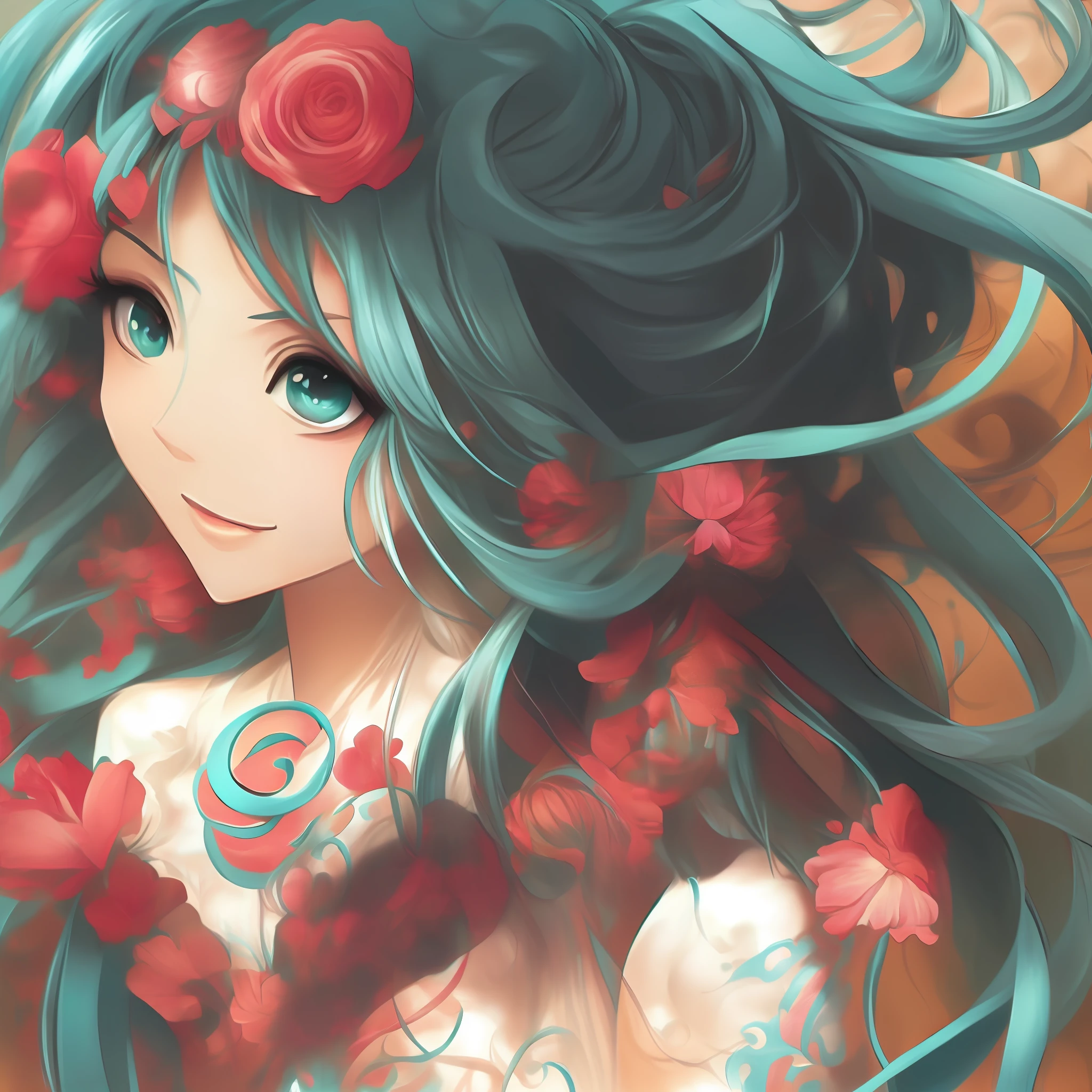 Hatsune Miku, smiling cute, symmetrical eyes, symmetrical face, art by Artgerm and Greg Rutkowski and Alphonse Mucha