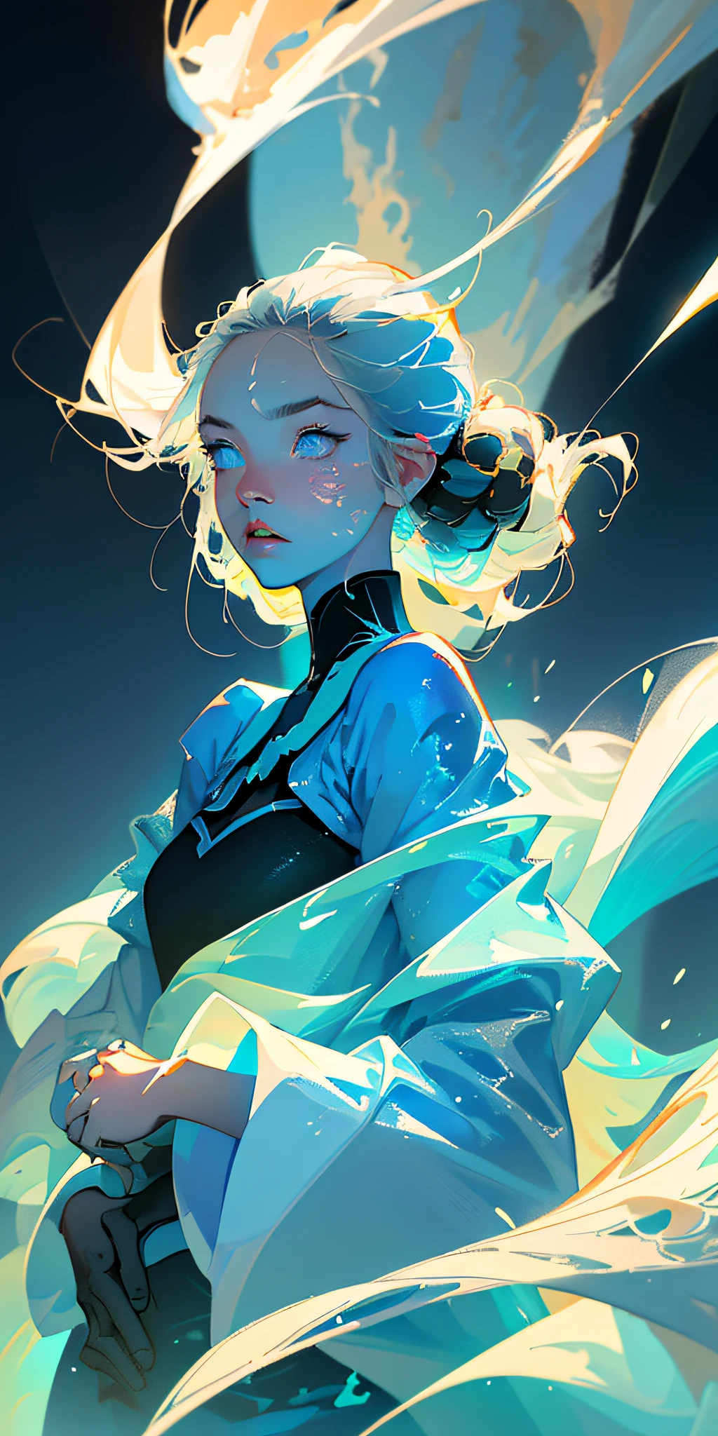 (Best Masterpiece, Masterpiece (1.2)), Super High Resolution, Details (1.1), A Girl with a Wound on Her Face, Fluorescent Blue, Eyes Surrounded by Many Ghosts, Anime Aesthetics, Takatoto Yamamoto, Blue Background, White Balance, Art, Concept Scene, Ink Style, Mark, Ghost Fire, Bamboo Forest, Smoke