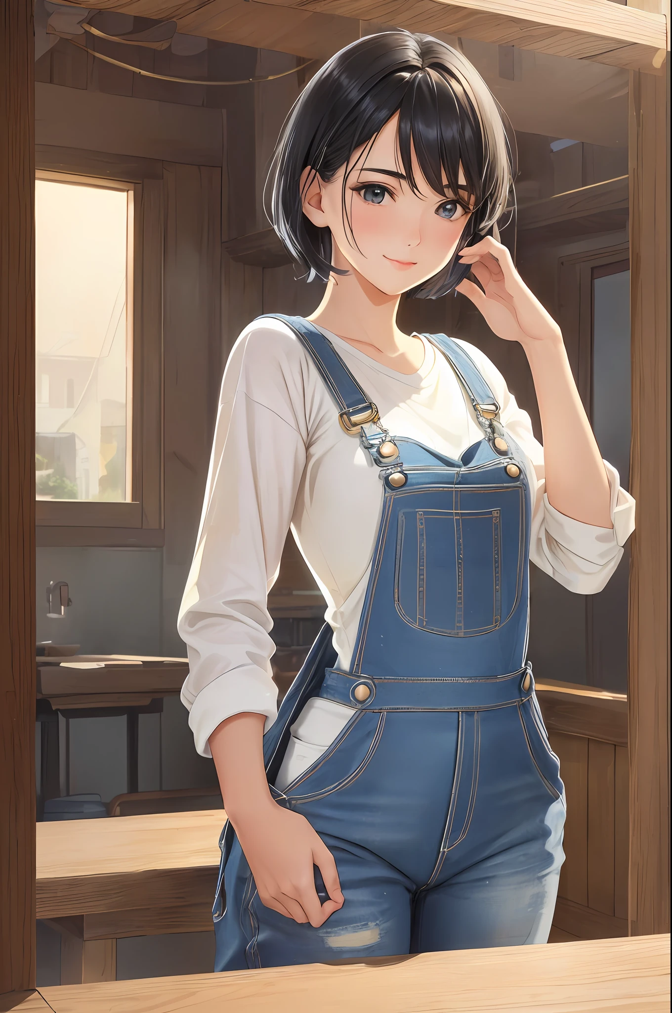 Upper body, oil painting, large white t-shirt, (((overhead blue denim overalls)), ((oversized blue denim overalls))), (short hair)))), black hair, (ultra high resolution, photorealistic, realistic, best quality, photorealistic), (8K, raw photo, highest quality, masterpiece), (((NSFW)), (photon mapping, radiosity, Physically Based Rendering, Auto White Balance), Technical Sense, Top Quality, Masterpiece, Illustration, CG, Unity, Wallpaper, Official Art, Amazing, Fine Detail, Very Delicate and Beautiful, Very Detailed, Sharp Focus, Rich Background, Blurred Background, (Real People, Photos), (High Detail Skin, Visible Pores)))), ( Small breasts)), her face is like a work of art, all features are perfectly balanced and symmetrical. Her eyes are bright green hue with long, thick eyelashes fanned out like feathers. They are framed by delicate arched eyebrows that give her an air of refined intelligence. Her nose is small and straight, with a slightly upturned tip, giving it a playful and mischievous look. Her lips are full and lush, with a sensual and charming natural pouting face. When she smiles, her entire face lights up and you can't help but be drawn into her infectiousness. Her skin is porcelain-like, smooth and perfect, with a natural glow that seems to come from within. It is as if she is illuminated from within, with a glow that sets her apart in any crowd. Looking at her, you can't help but be fascinated by her beauty and know that you will never forget her face.