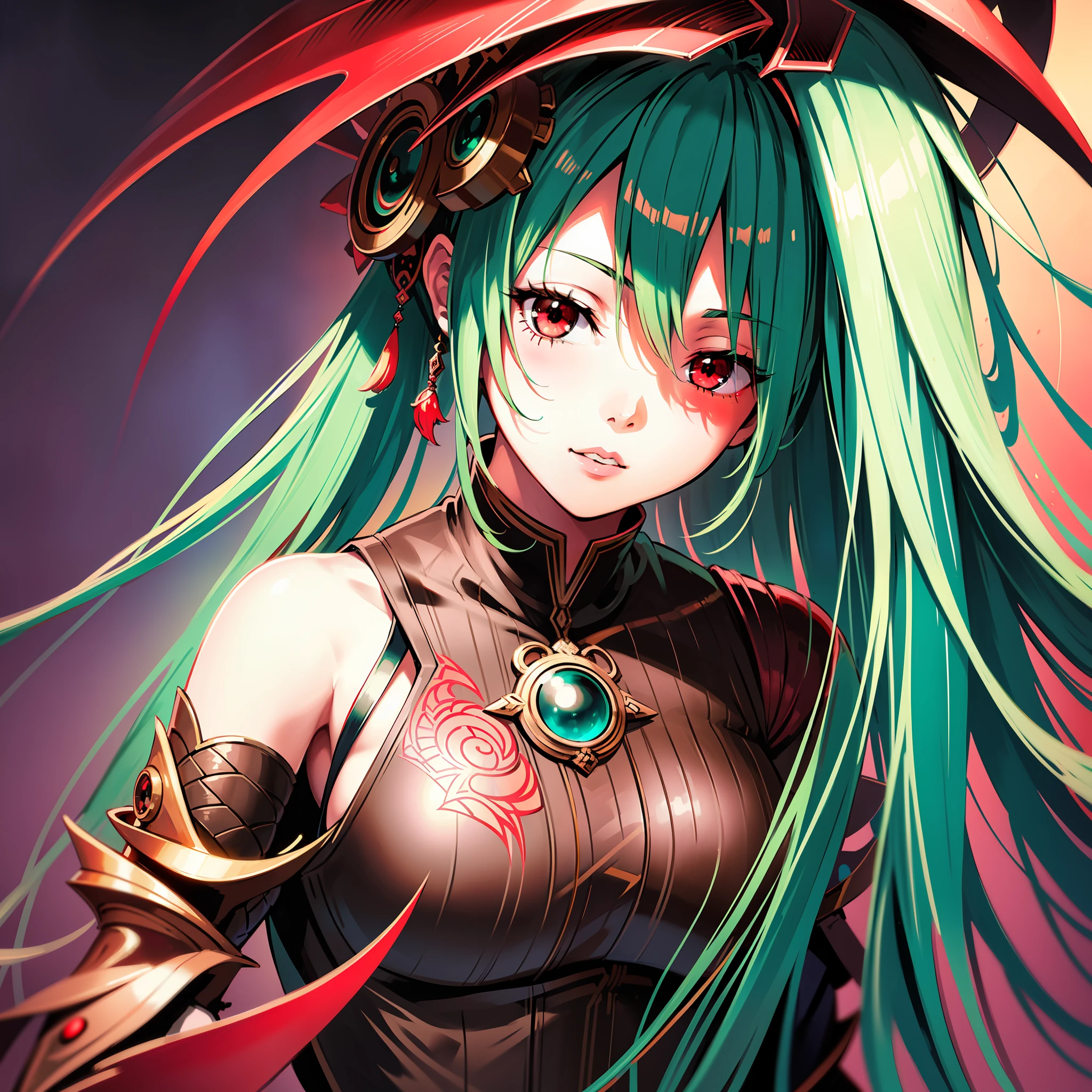Hatsune Miku, face by artgerm, steampunk, monochromatic, greens, reds, blacks, indigo, blues, burning reds, intricate, elegant, highly detailed, digital painting, artstation, concept art, smooth, sharp focus, illustration, art by Krenz Cushart and Artem Demura and alphonse mucha